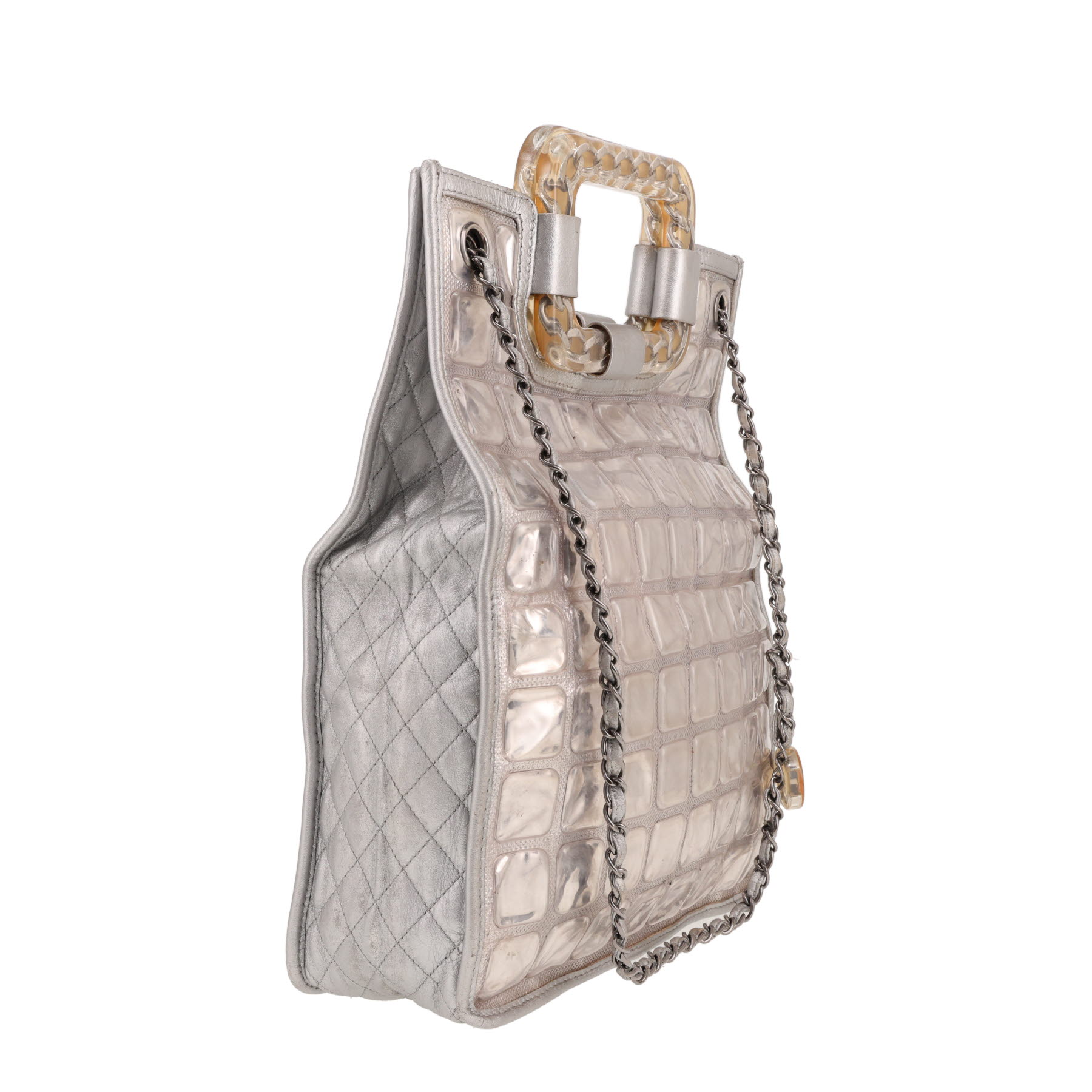 Chanel  Ice Cube shopping bag  in silver leather and PVC