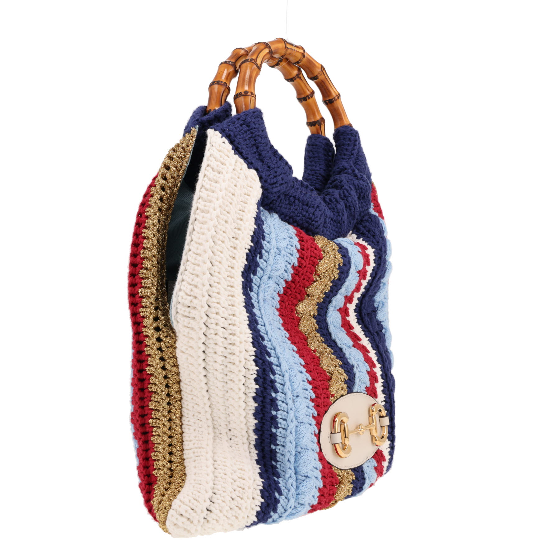 Sac à main Gucci  Bamboo en crochet bleu blanc et rouge et bambou