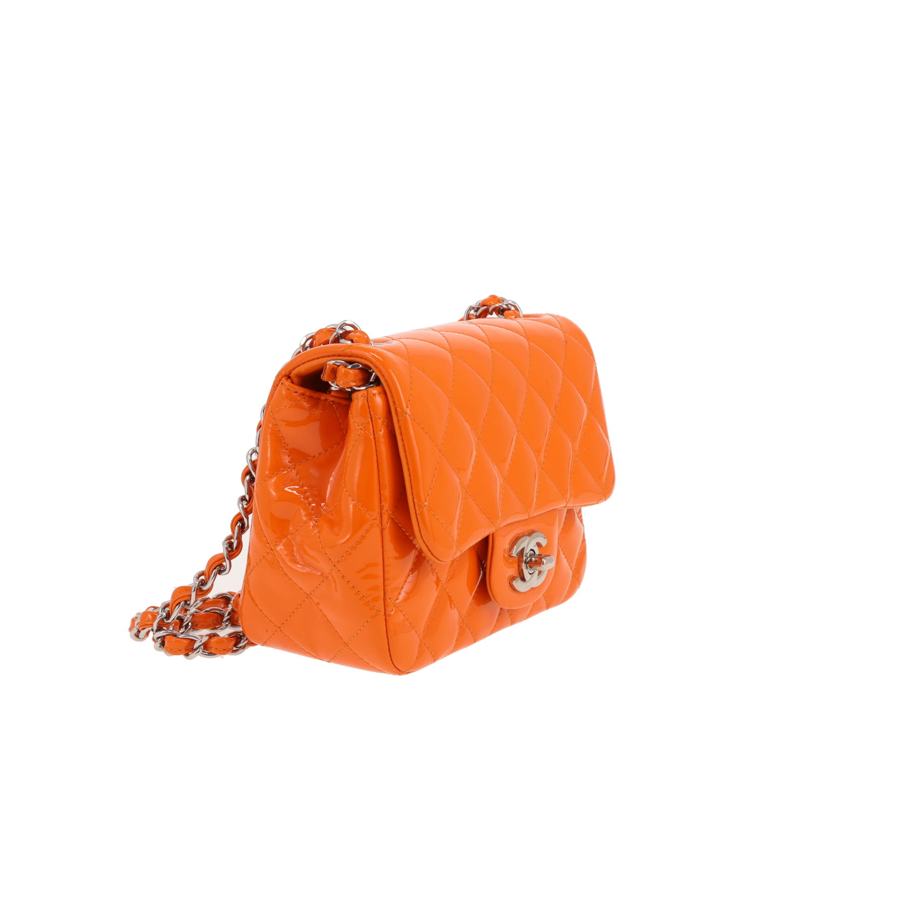 Sac bandoulière Chanel  Mini Carré en cuir verni matelassé orange