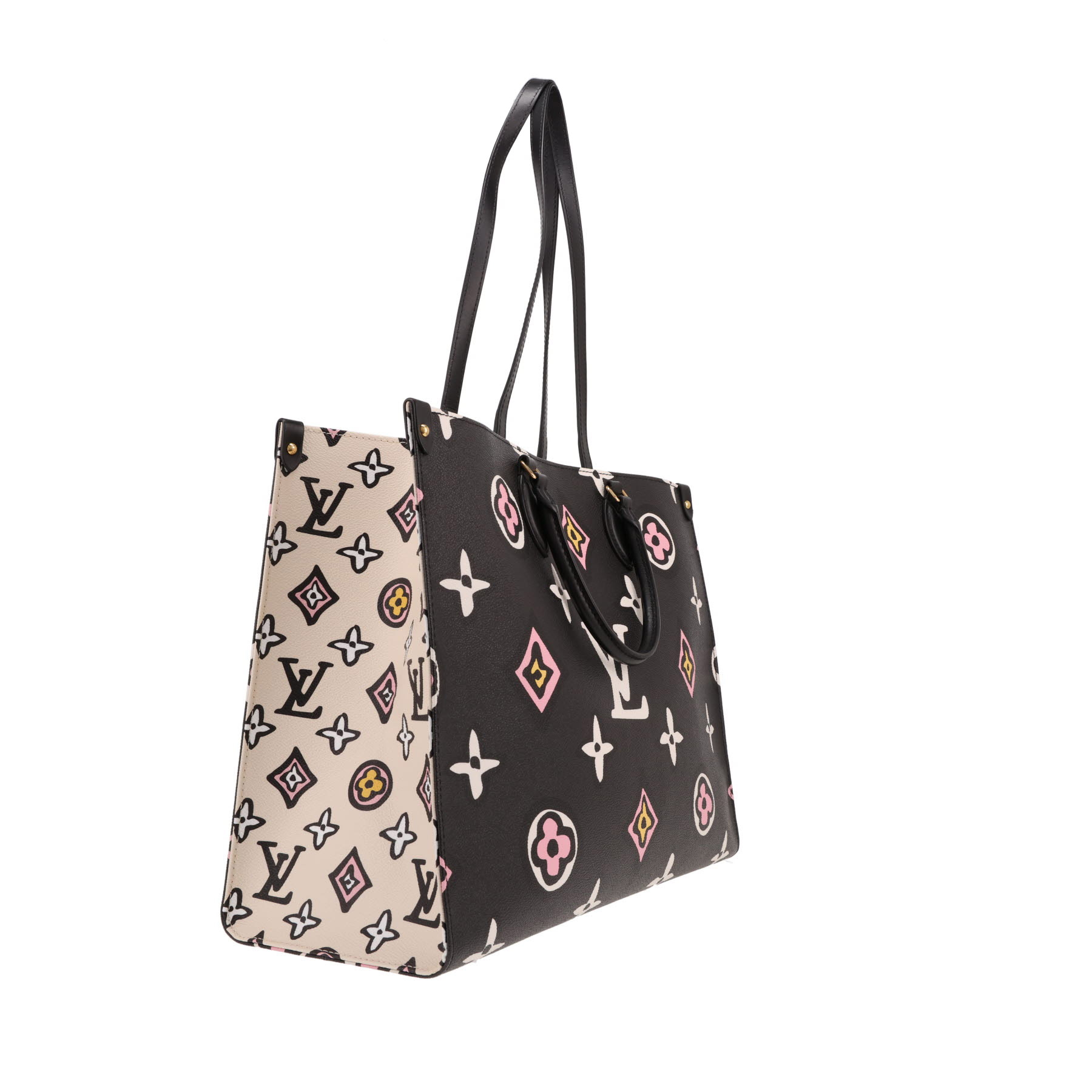 Shopping bag Louis Vuitton  Onthego in tela monogram nera, rosa bianca e beige e pelle nera