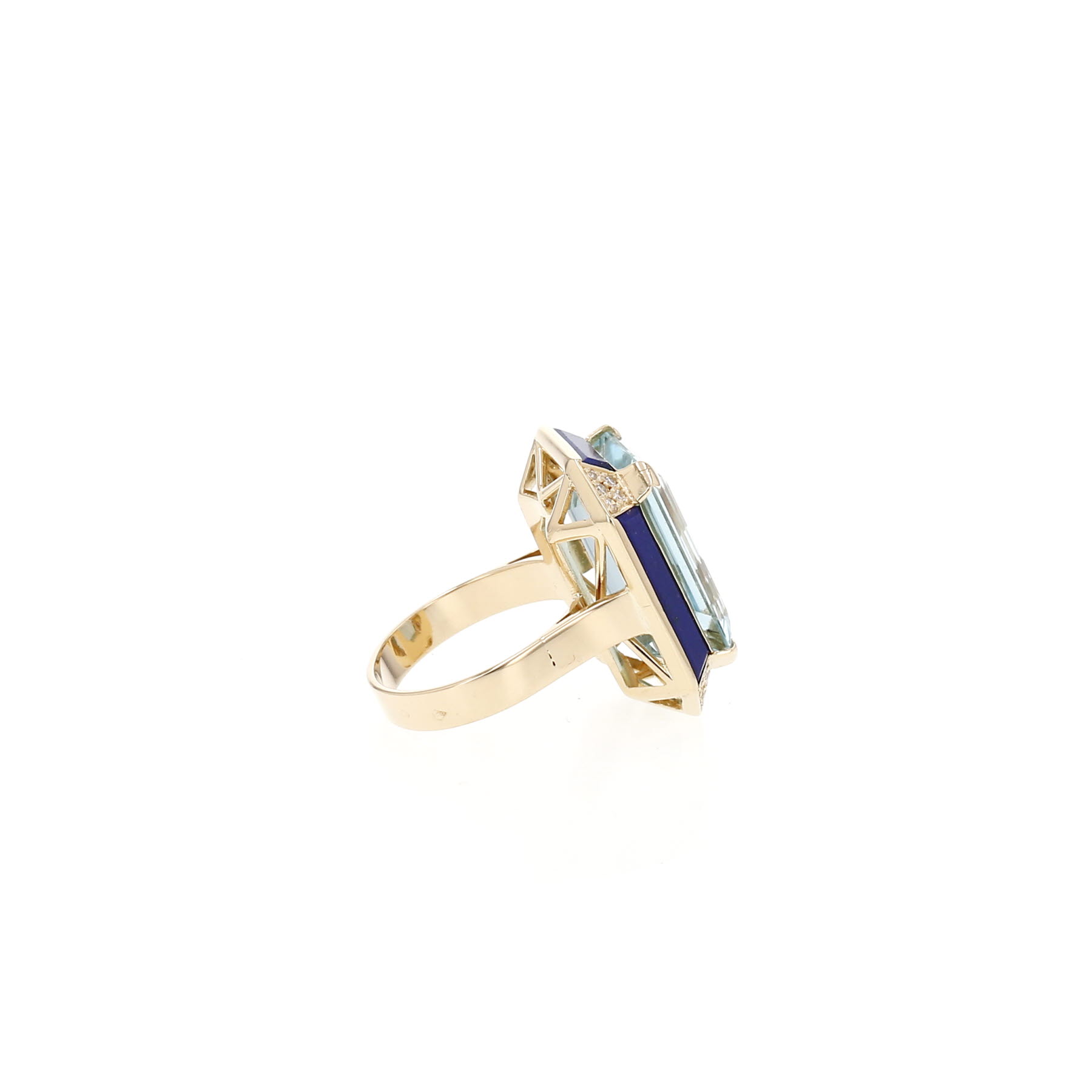 Vintage   1970's ring in yellow gold, aquamarine and lapis-lazuli