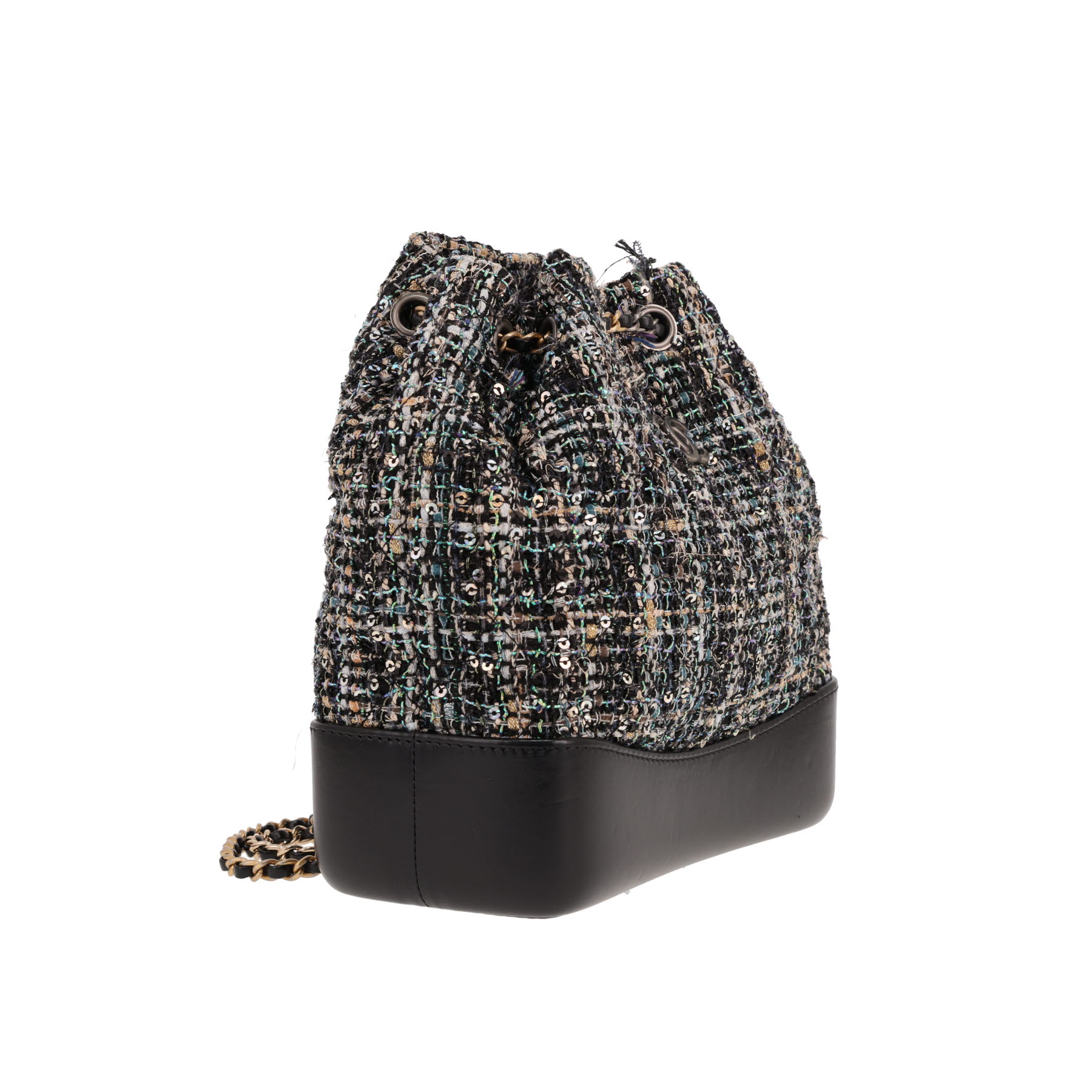 Sac à dos Chanel  Gabrielle  en tweed noir gris et vert et cuir noir