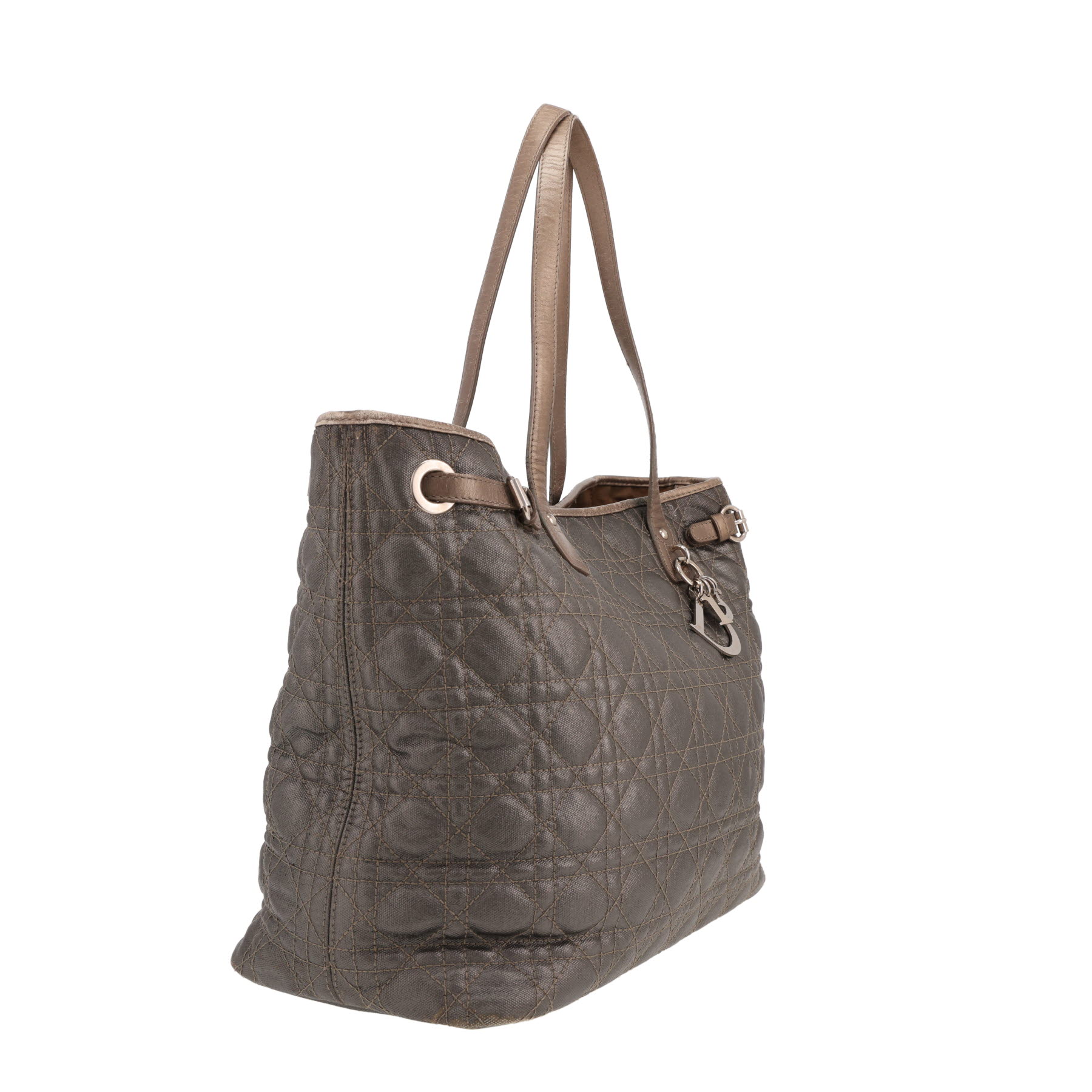 Sac cabas Dior  Panarea en toile cannage gris métallisé et cuir bronze