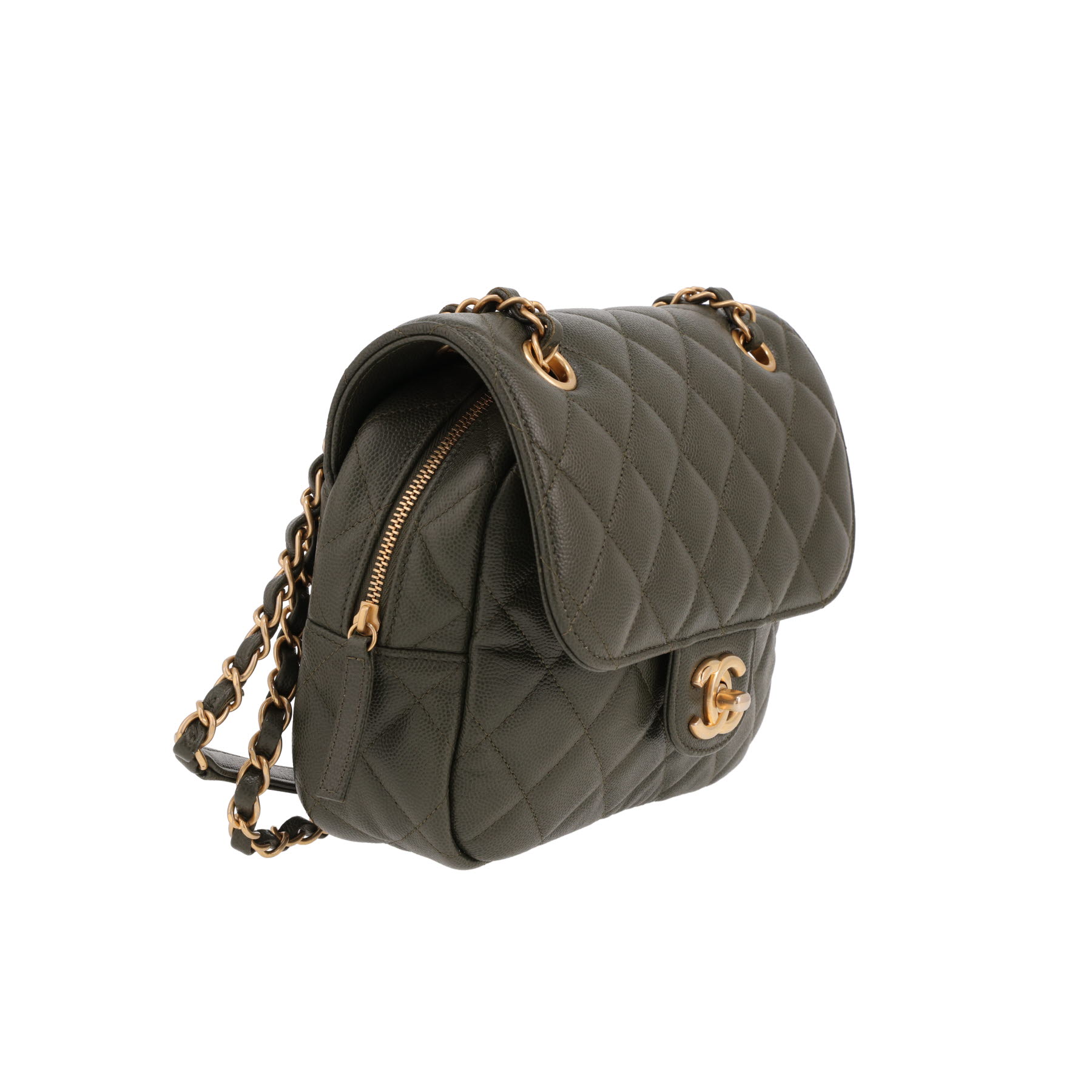 Borsa a tracolla Chanel  Sac à rabat in pelle martellata e trapuntata verde kaki