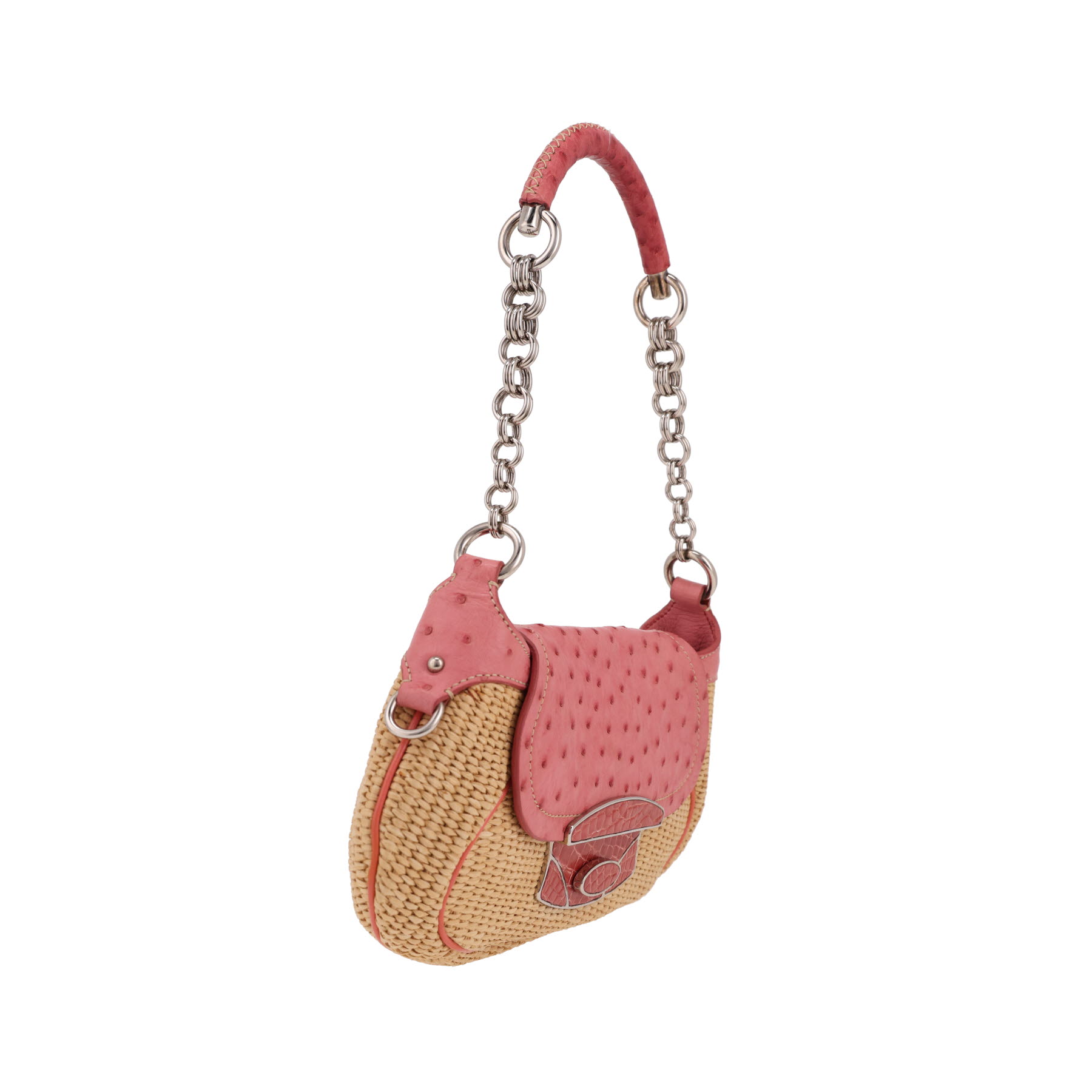Borsa a spalla Prada   in vimini beige e struzzo rosa