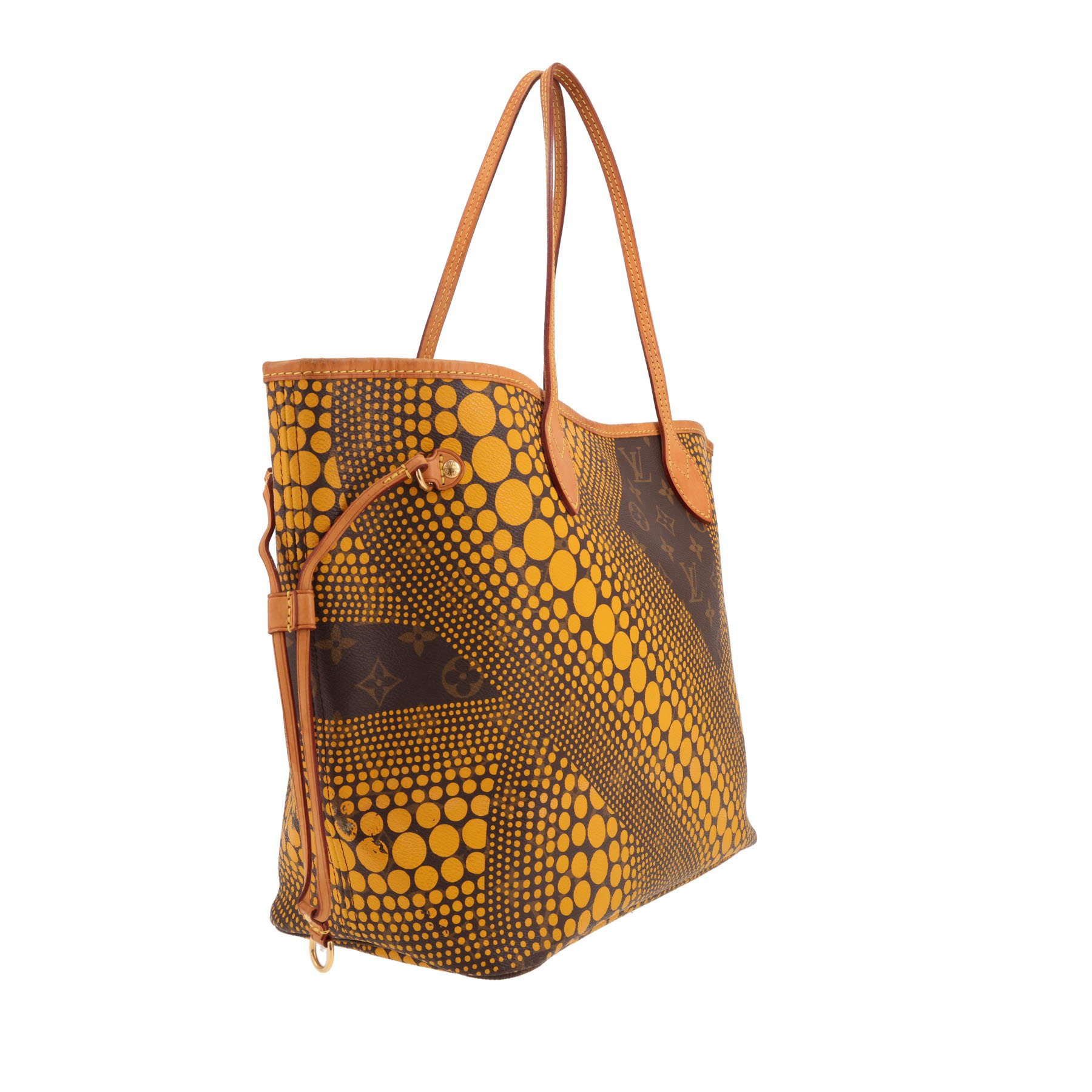 Sac cabas Louis Vuitton  Neverfull Editions Limitées Yayoi Kusama en toile monogram jaune et marron et cuir naturel