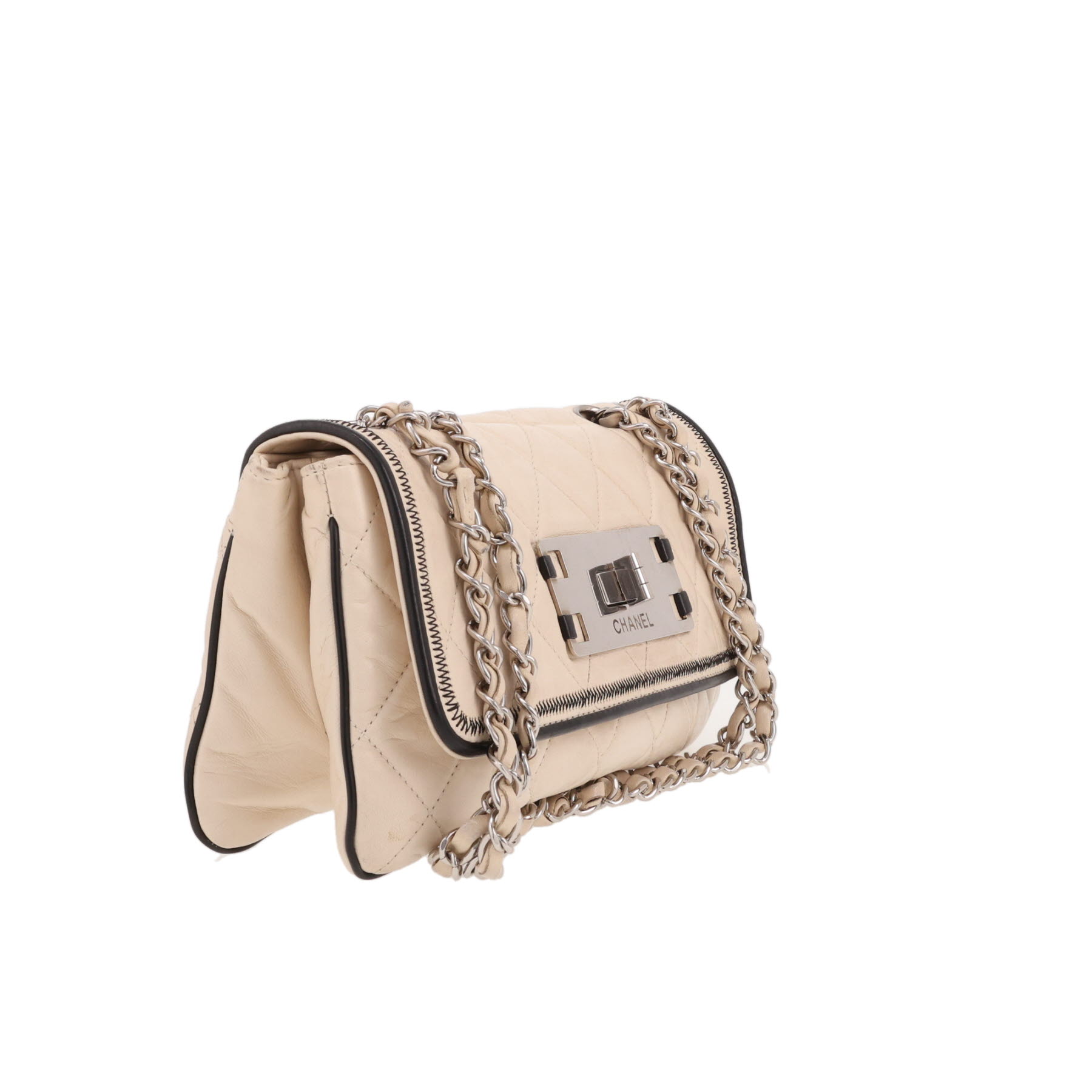 Chanel  East West handbag  in beige quilted leather  and black piping