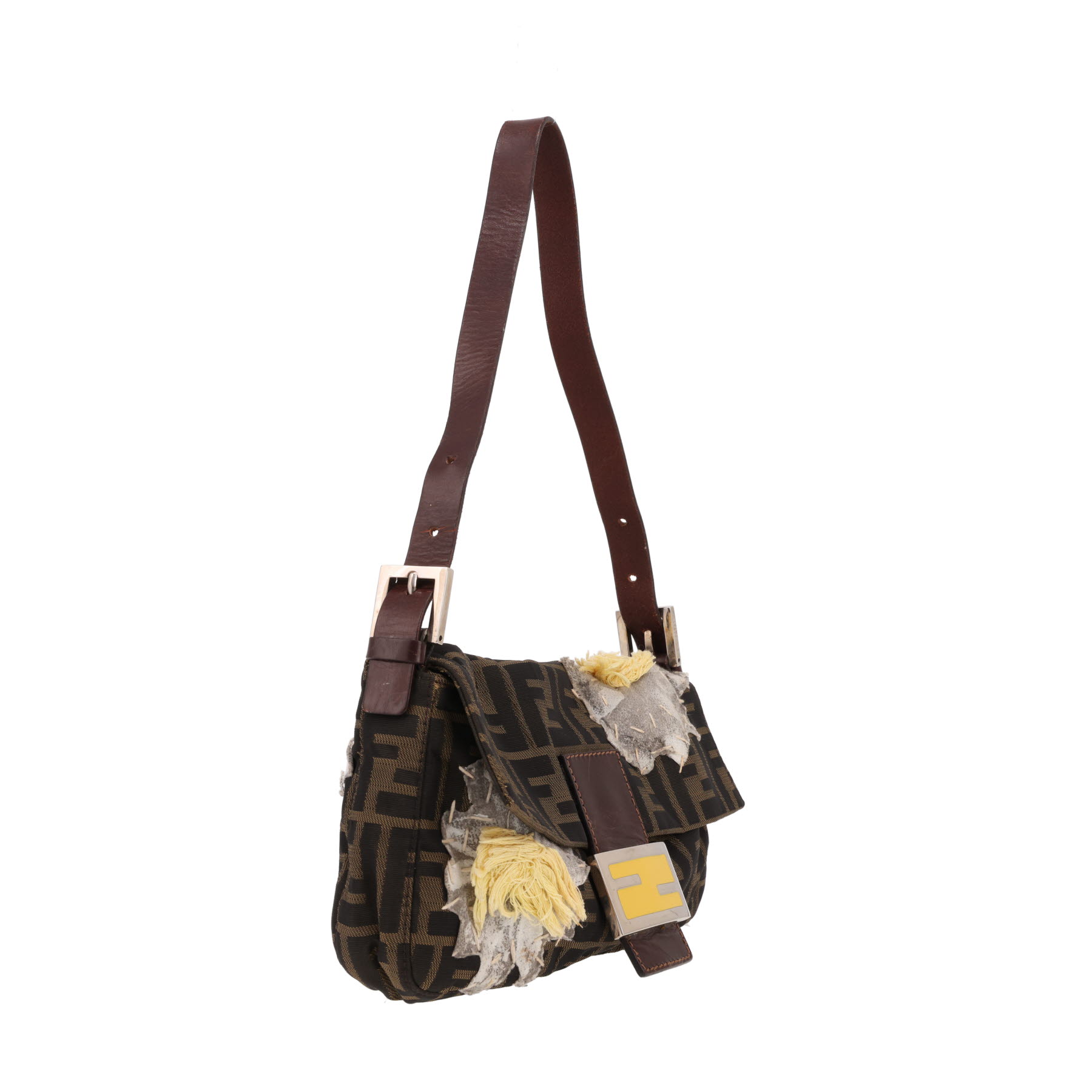 Borsa Fendi Baguette in tela marrone con logo e pelle marrone