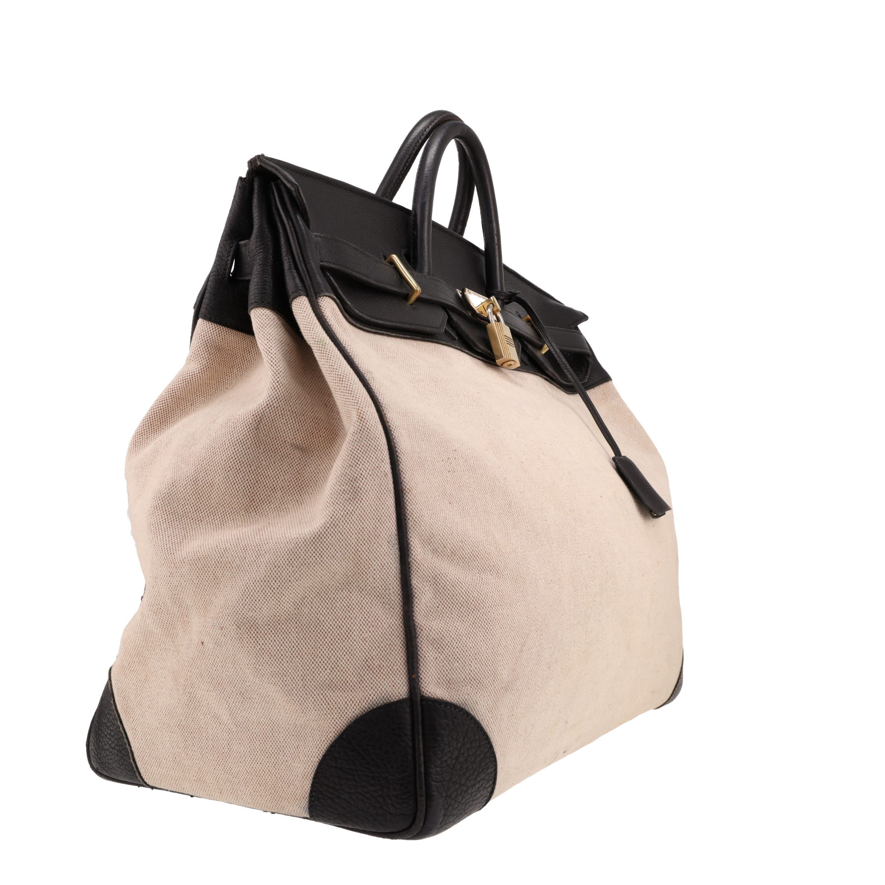 Hermès  Haut à Courroies travel bag  in black leather  and beige canvas