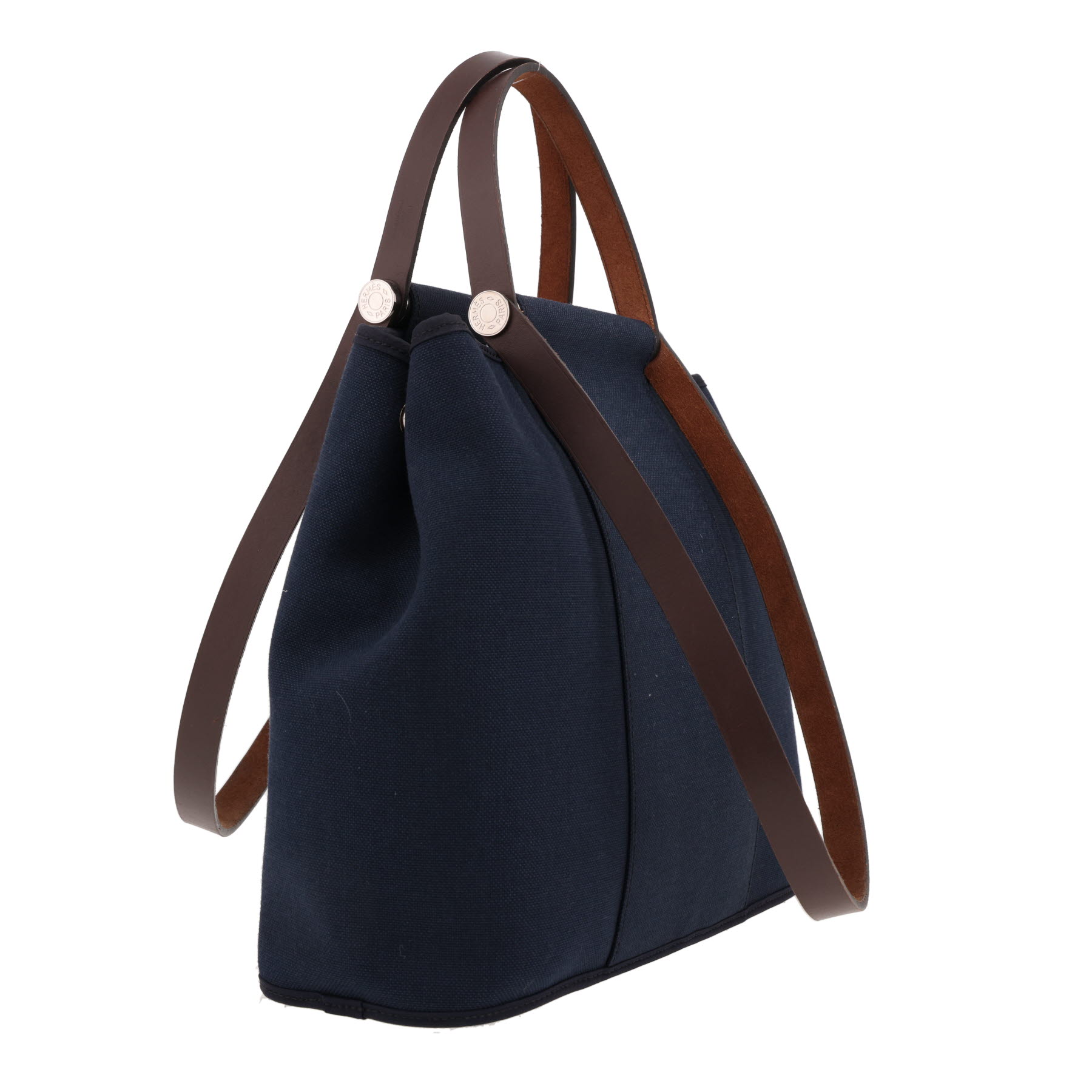 Hermès  Cabag handbag  in navy blue canvas  and brown Hunter cowhide