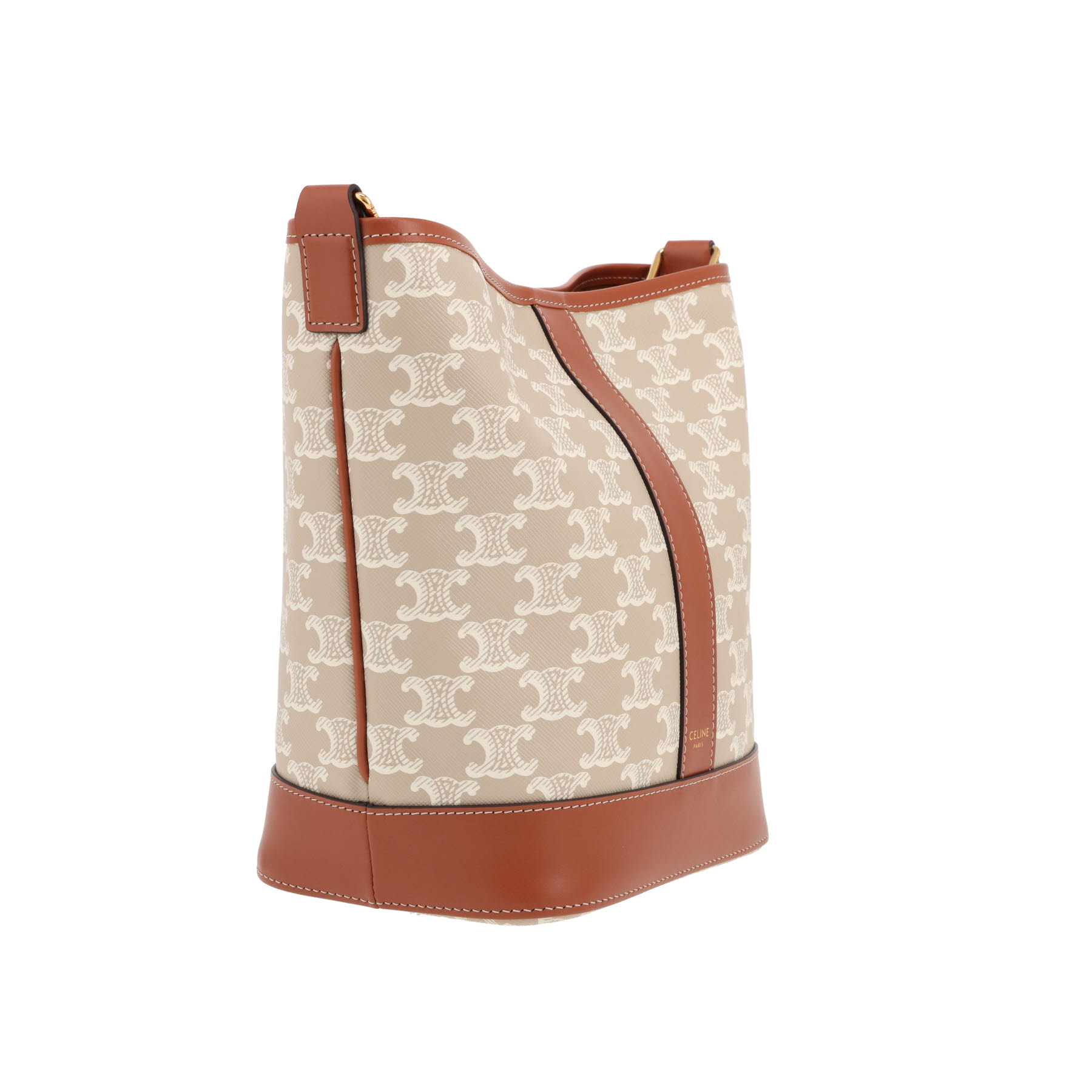 Sac bandoulière Celine  Seau petit modèle  en toile Triomphe blanche et cuir marron