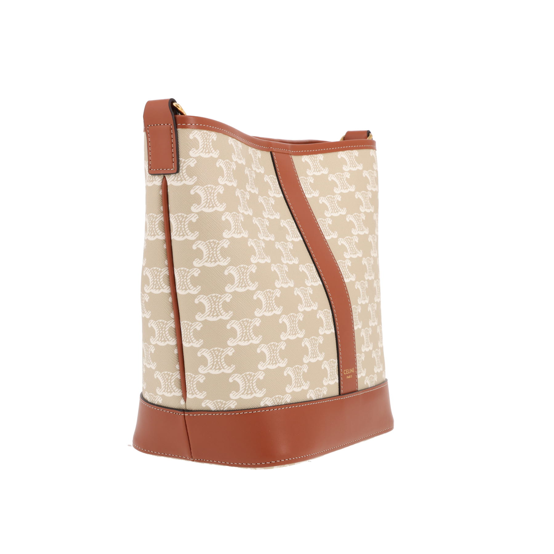 Celine  Seau small model  shoulder bag  in white "Triomphe" canvas  and brown leather