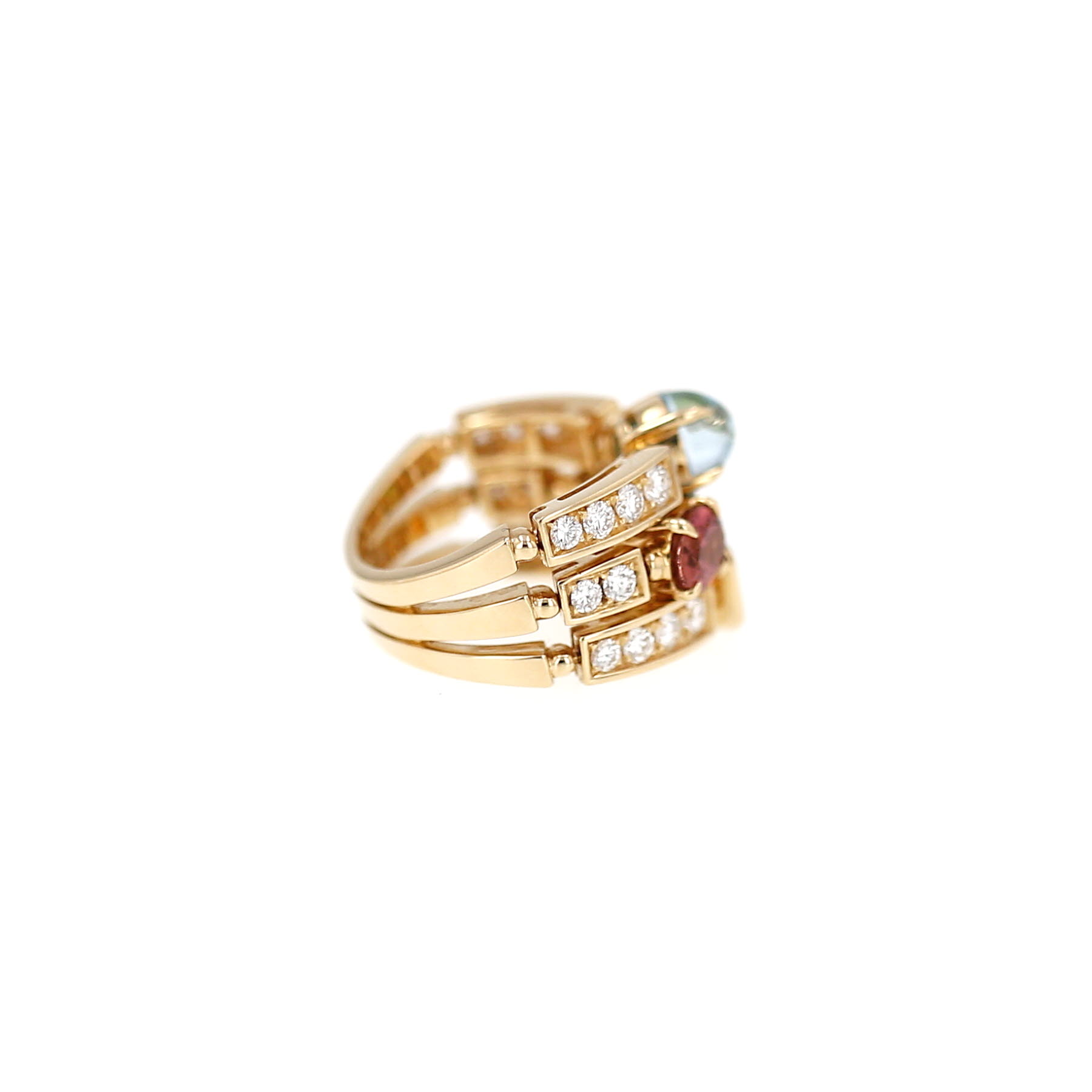 Articulated Bulgari Allegra large model ring in yellow gold, diamonds and colored stones