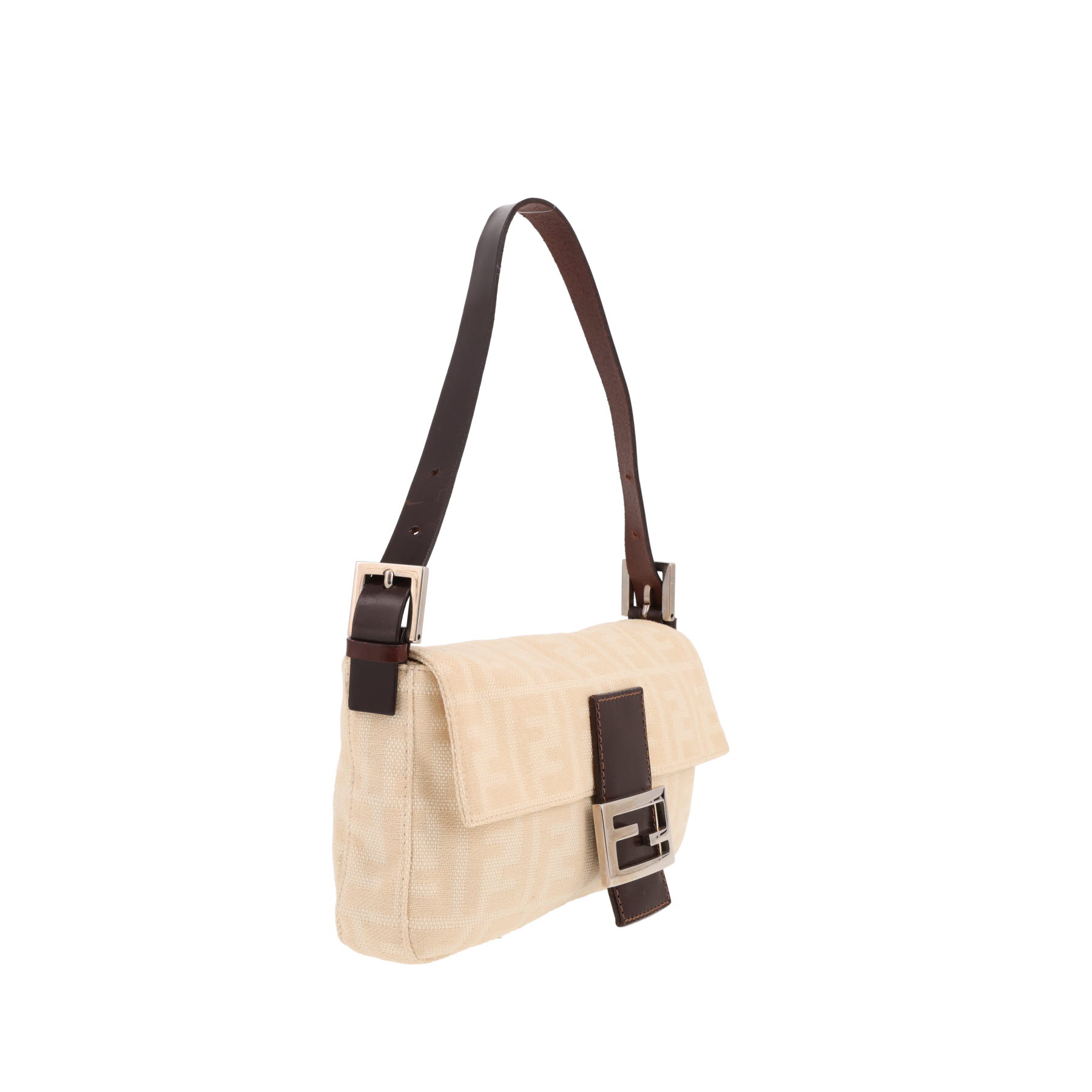 Fendi  Baguette handbag  in beige logo canvas  and brown leather
