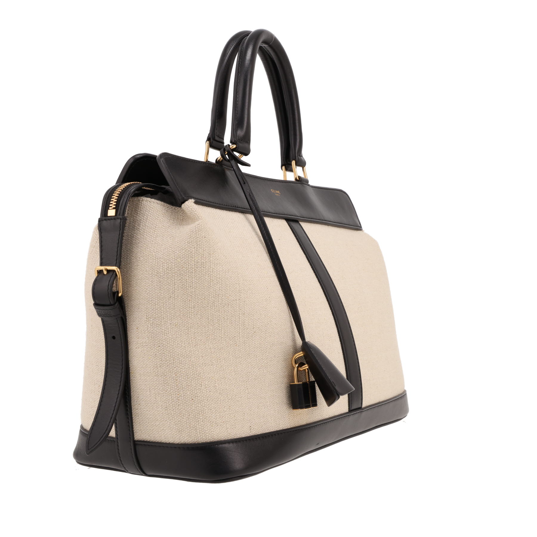 Celine   shopping bag  in beige canvas  and black leather