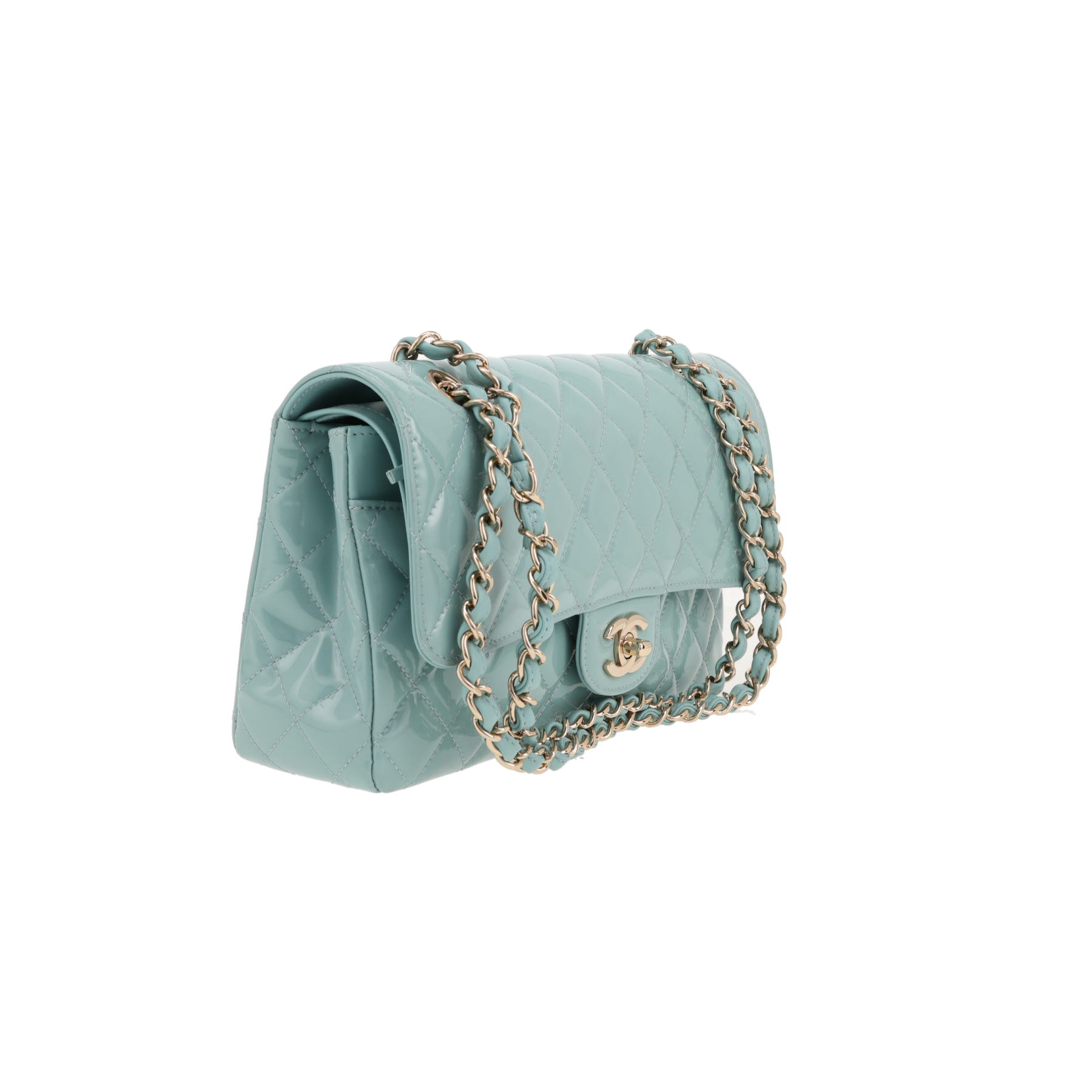 Sac à main Chanel  Timeless Classic en cuir verni matelassé bleu-vert