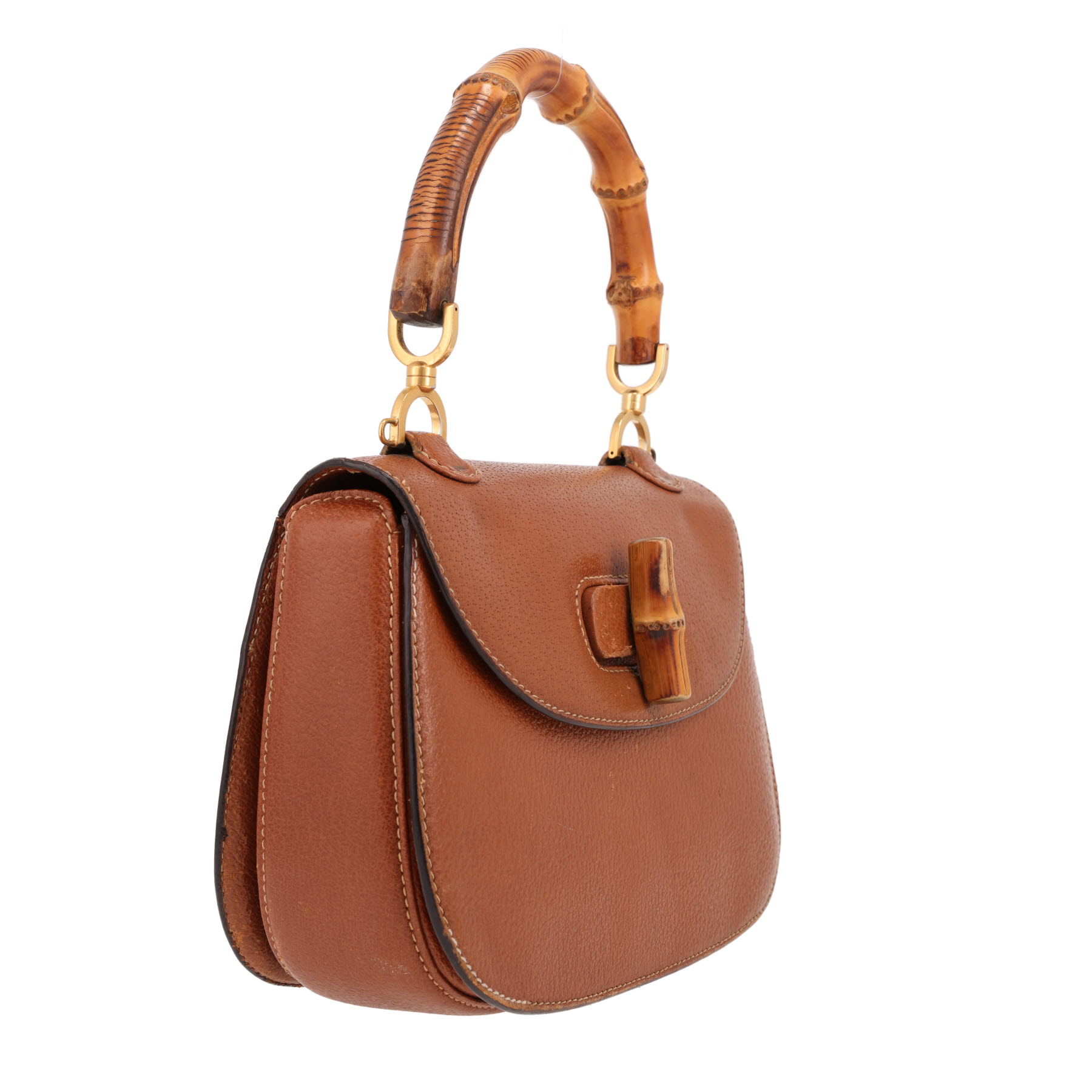 Gucci  Bamboo handbag  in brown grained leather  and bamboo