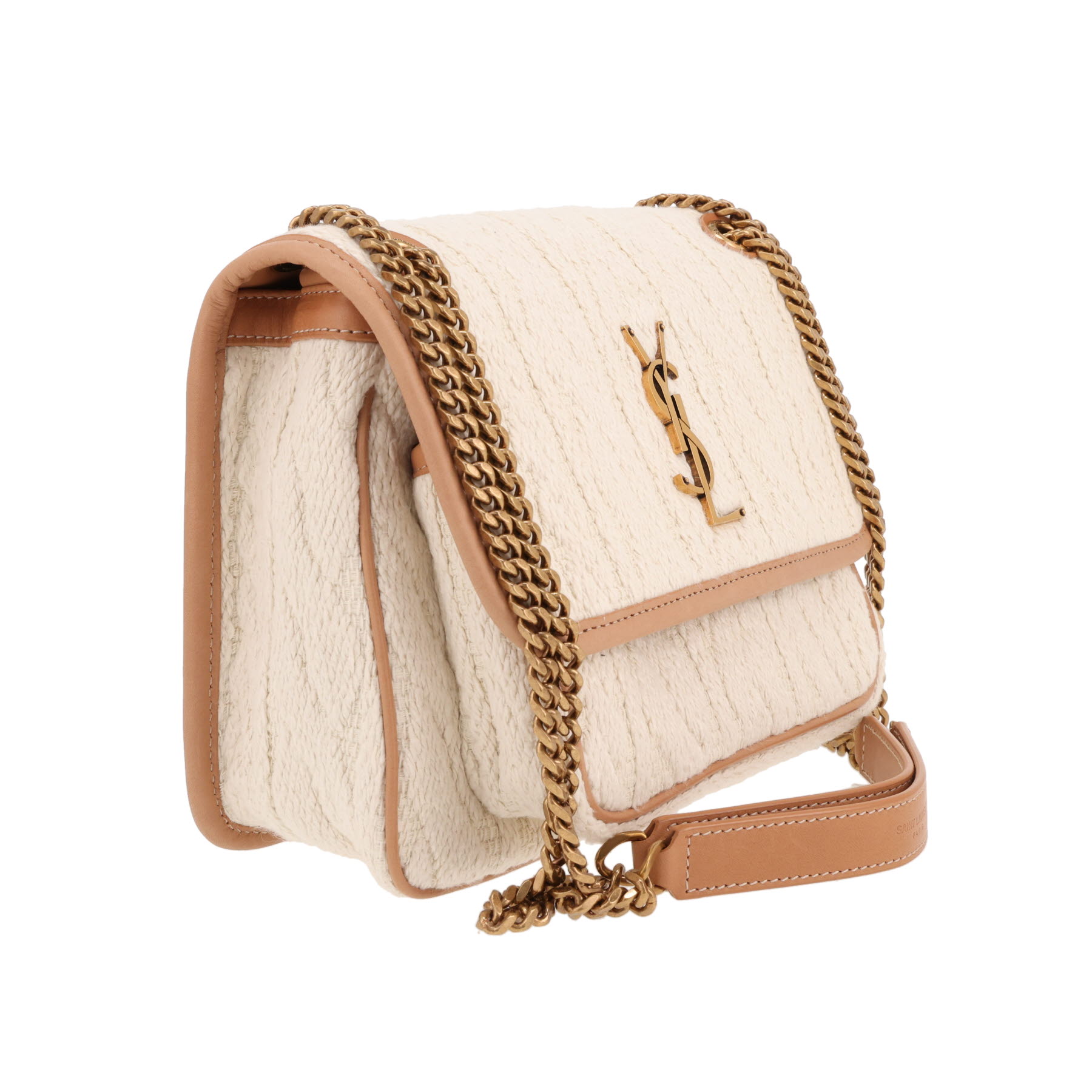 Saint Laurent  Niki medium model  shoulder bag  in beige woollen fabric  and brown leather