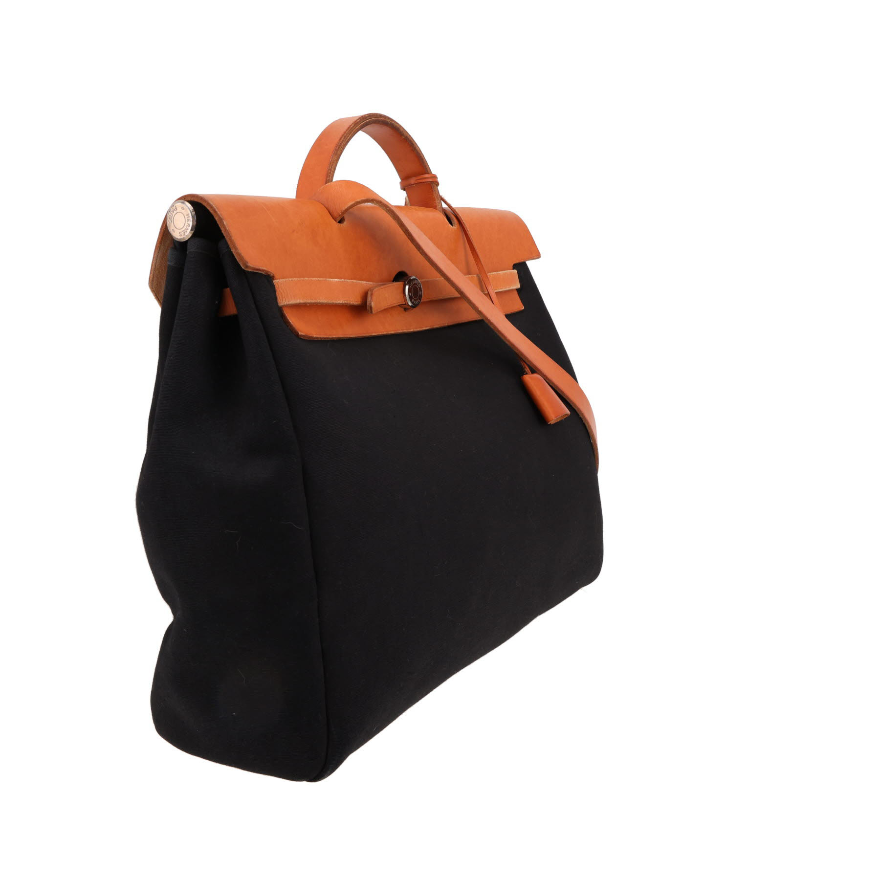 Hermès  Herbag bag worn on the shoulder or carried in the hand  in black canvas  and Hunter cowhide