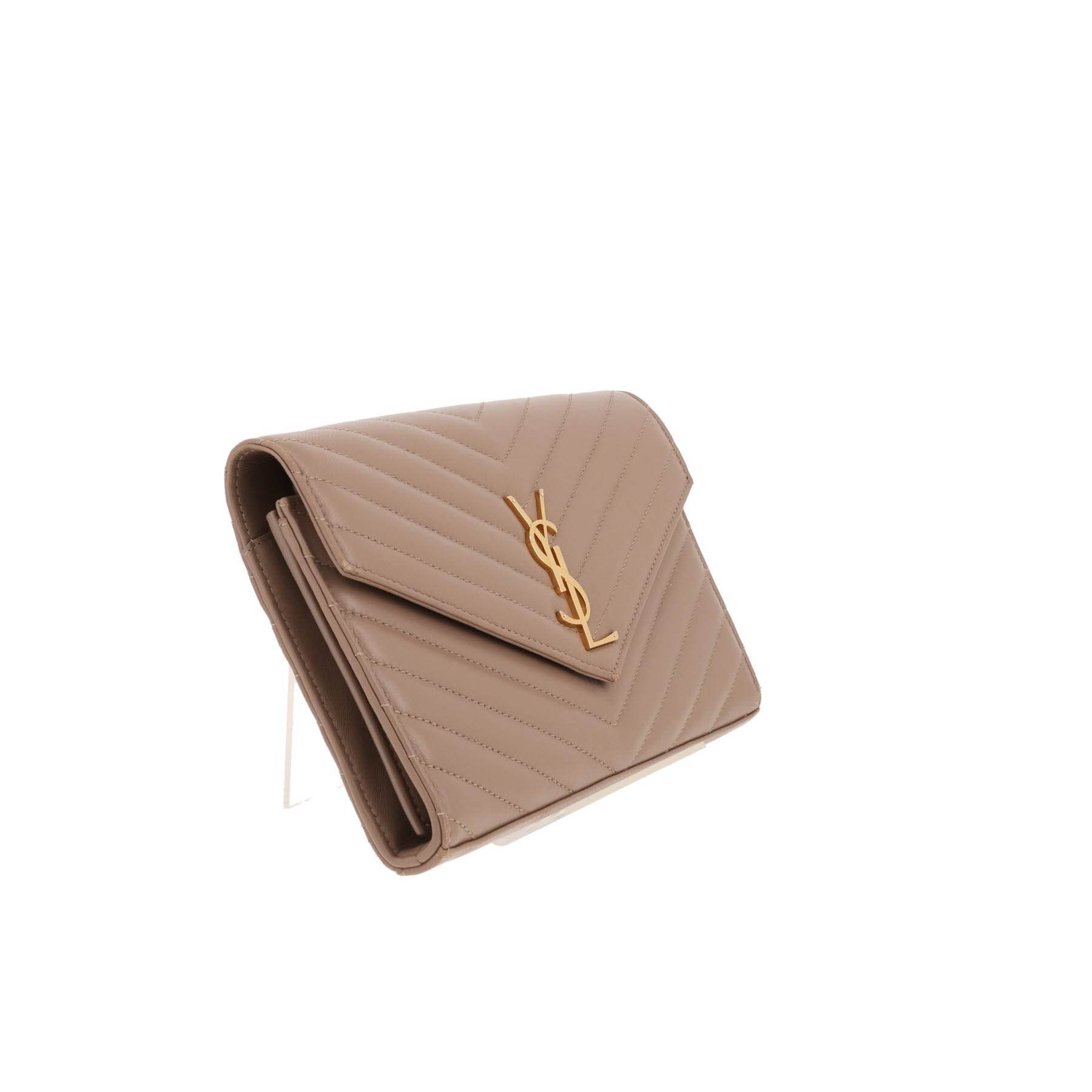 Sac bandoulière Saint Laurent  Cassandre Envelope Chain Wallet en cuir matelassé chevrons taupe