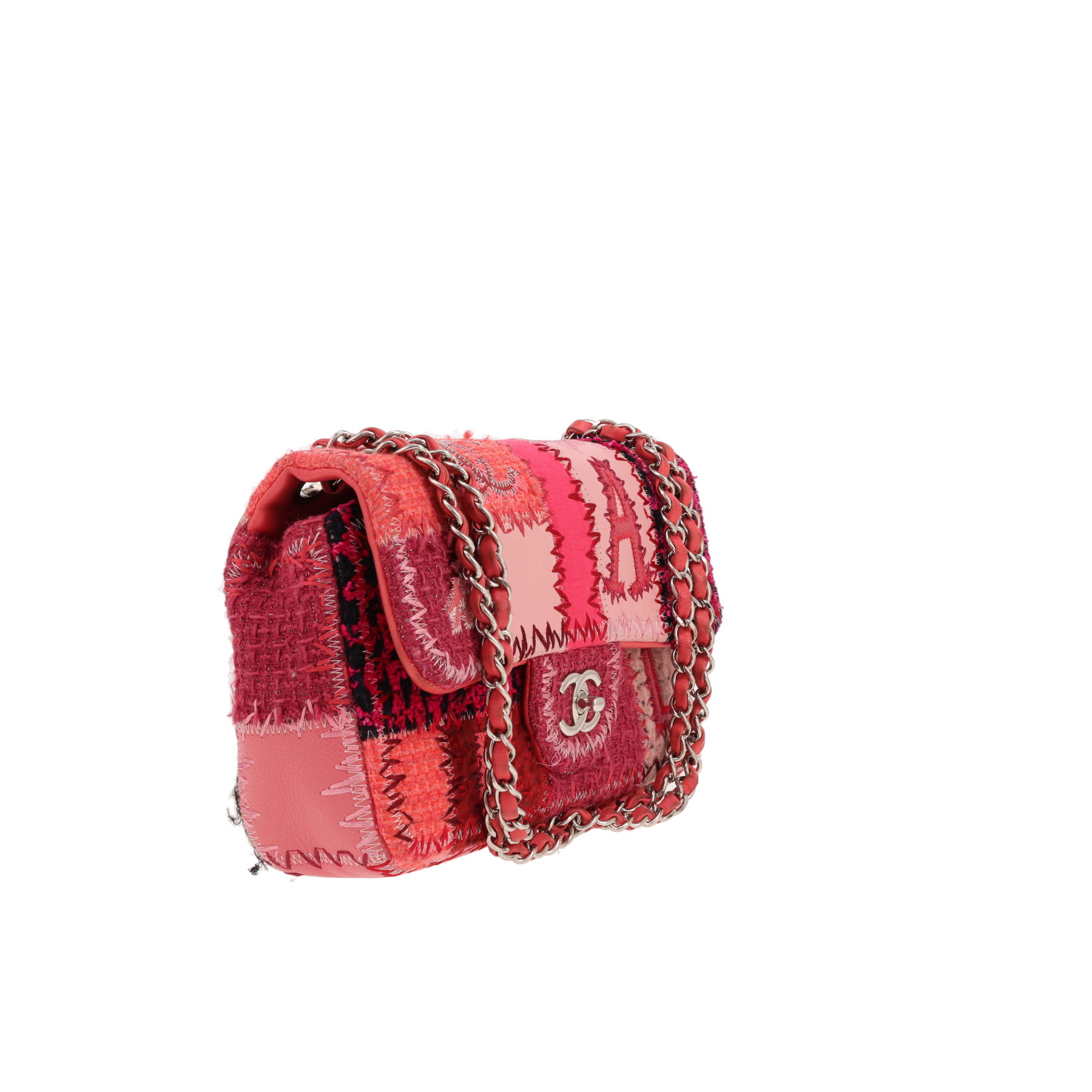 Sac à main Chanel  Timeless Classic édition limitée Patchwork en tweed rose et rouge et cuir rose