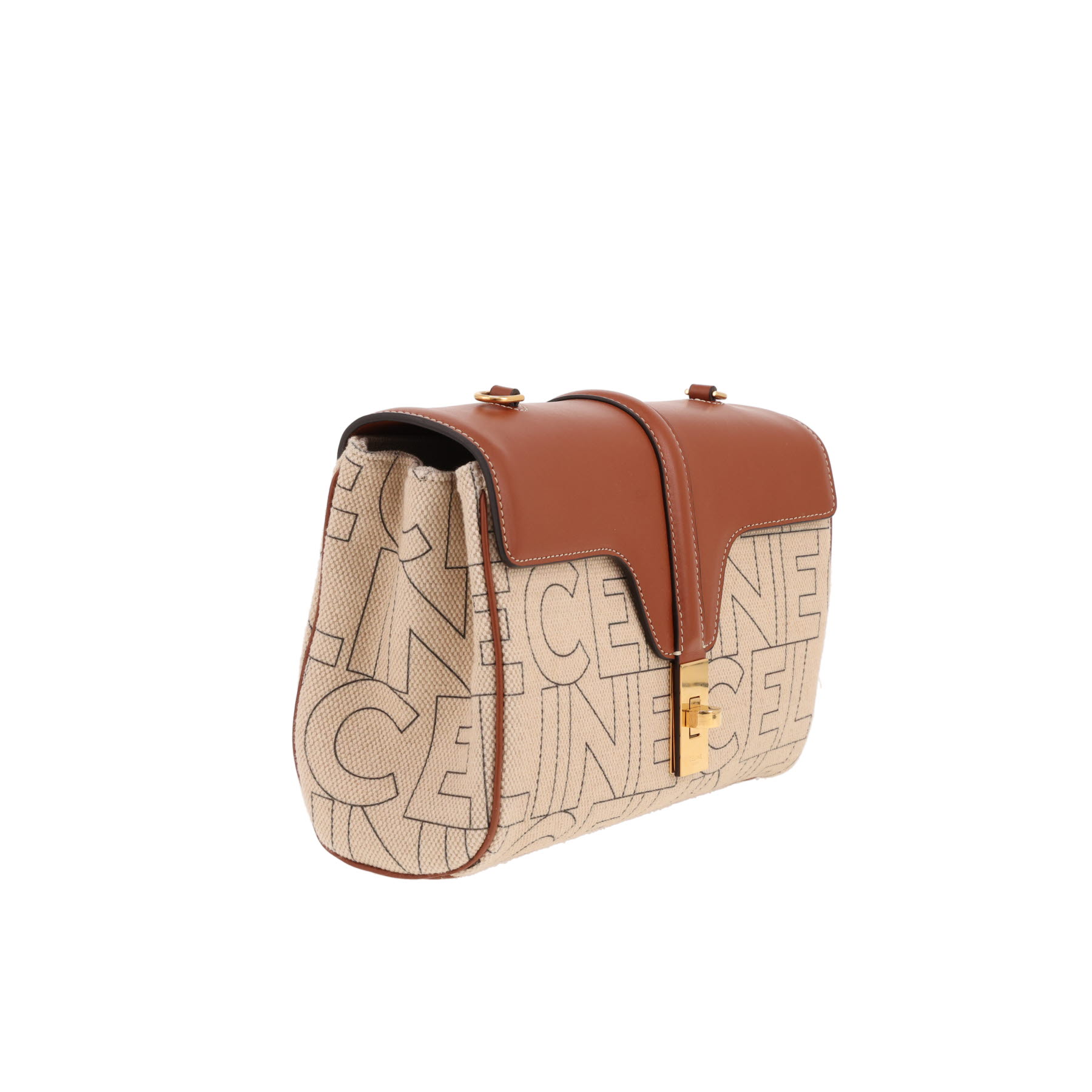 Sac bandoulière Celine  Soft 16 Teen en toile siglée beige et cuir marron