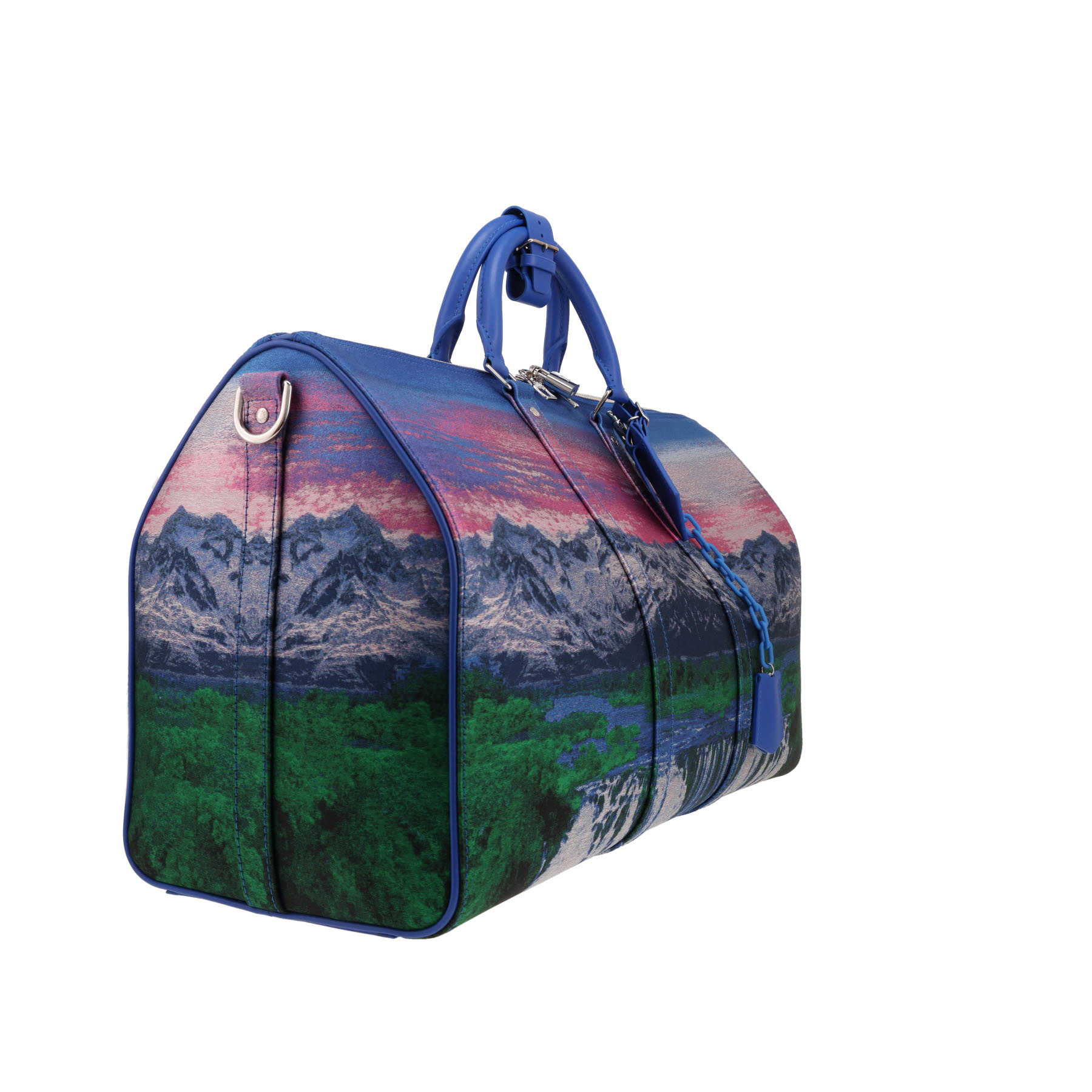 Sac de week end Louis Vuitton  Keepall Editions Limitées Landscape Virgil Abloh en tissu brodé rose et bleu et cuir bleu