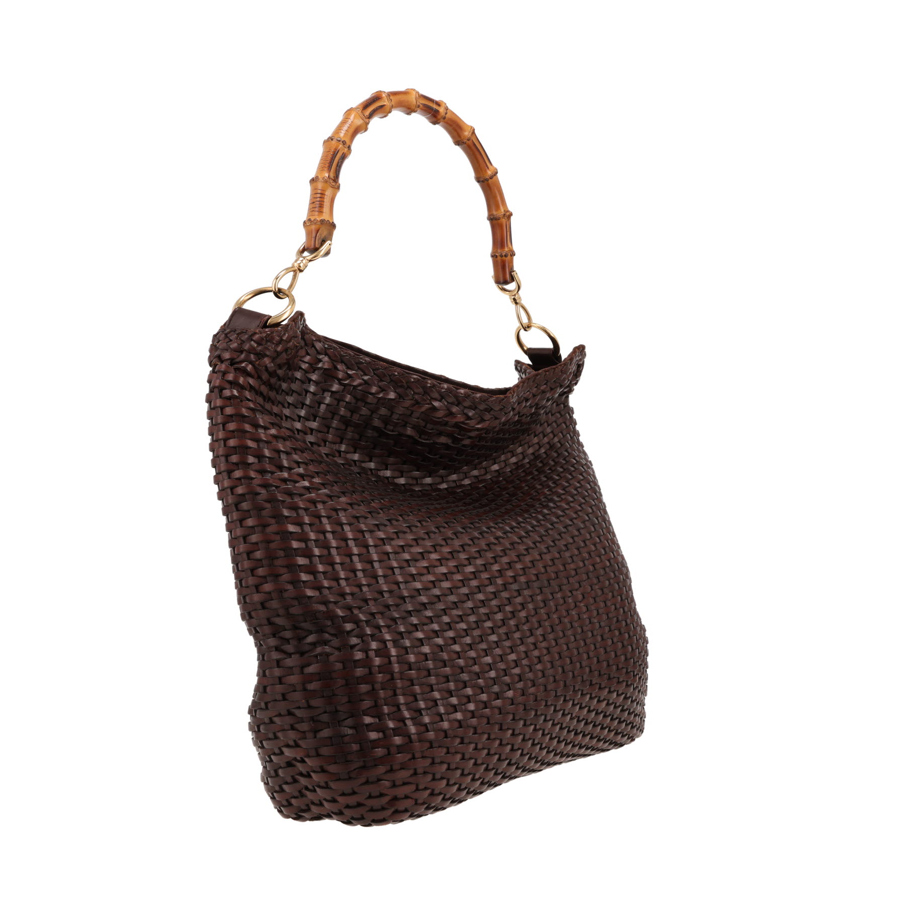 Sac à main Gucci   en cuir tressé marron et bambou