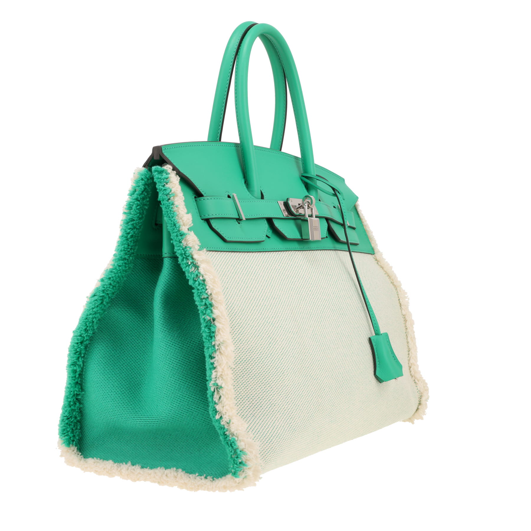 Bolso de mano Hermès  Birkin 35 cm Fray Fray en lona vert Menthe y beige y cuero swift vert Menthe