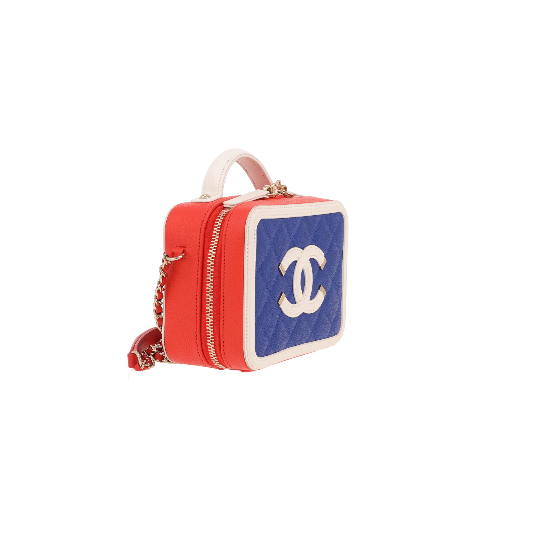 Sac bandoulière Chanel  Filigree Vanity Case en cuir grainé matelassé bleu, blanc et rouge
