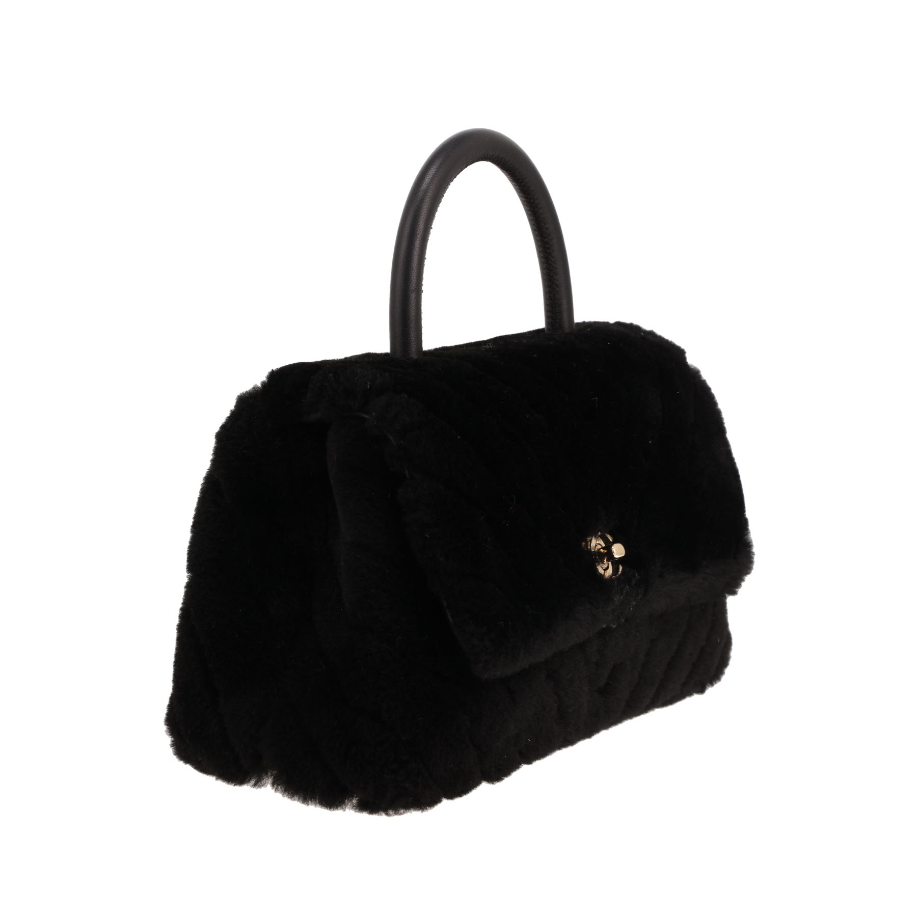 Chanel  Coco Handle handbag  in black synthetic furr  and black leather
