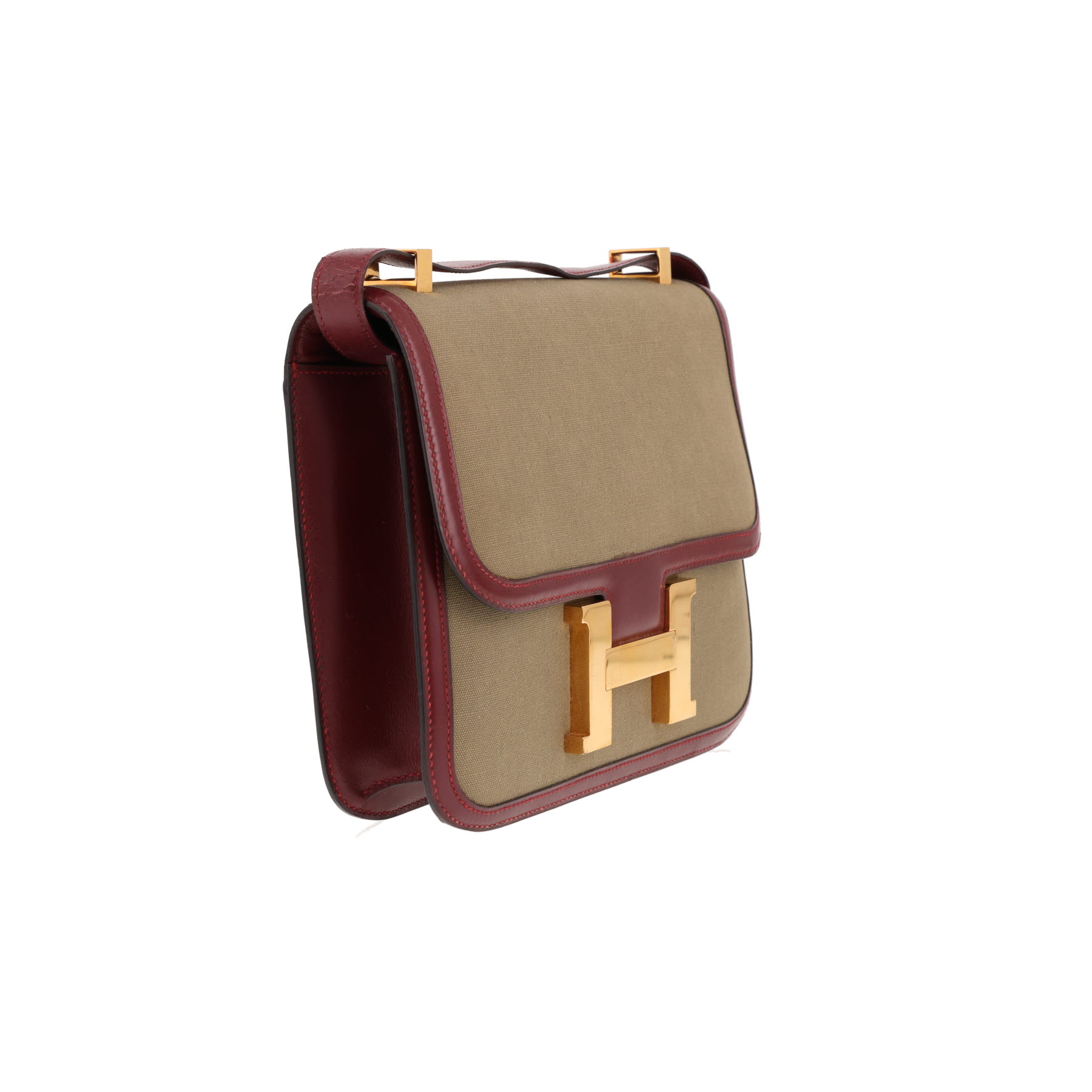 Hermès Constance handbag, 24 cm, in khaki-green canvas and Bordeaux leather