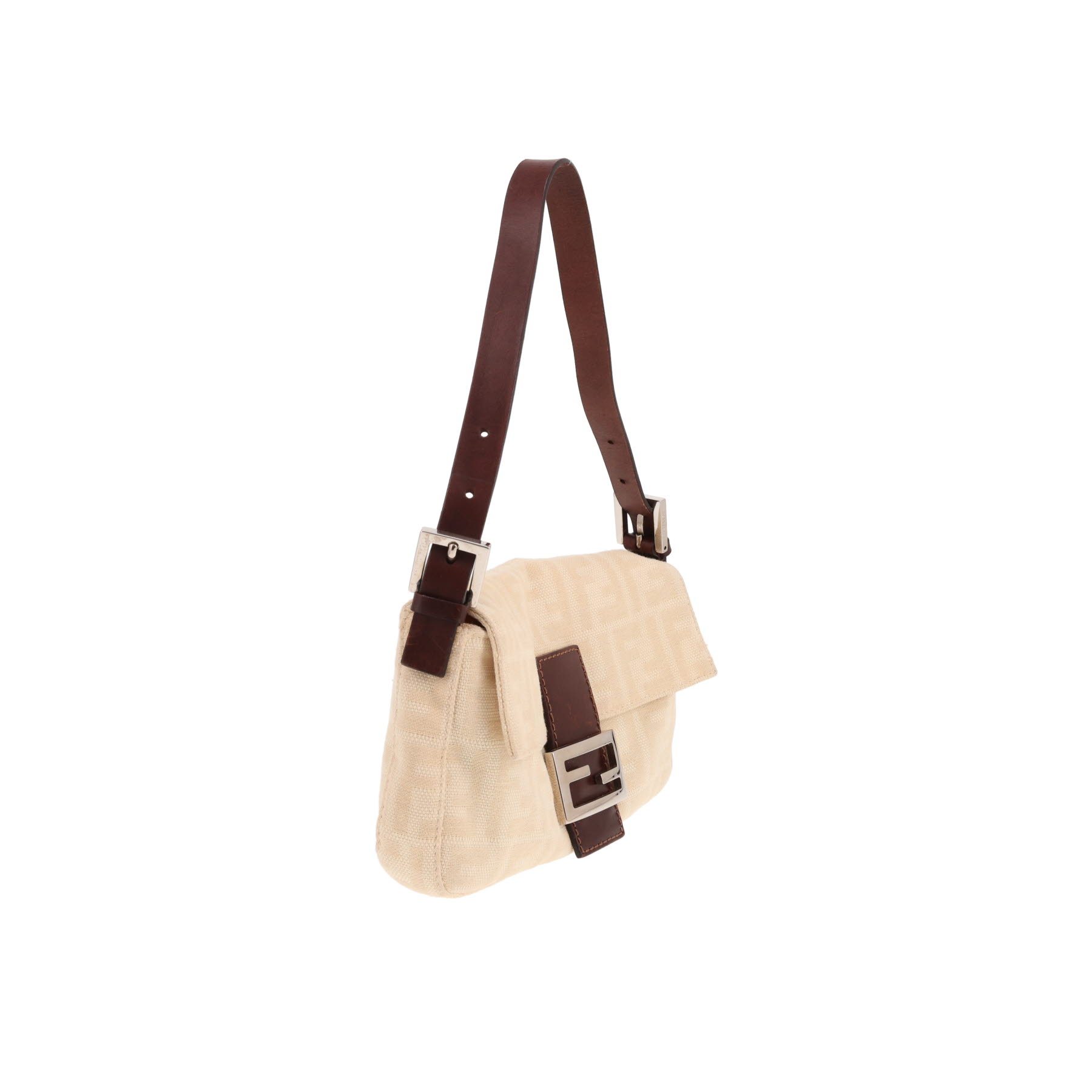 Fendi Baguette handbag in cream monogram canvas and brown leather