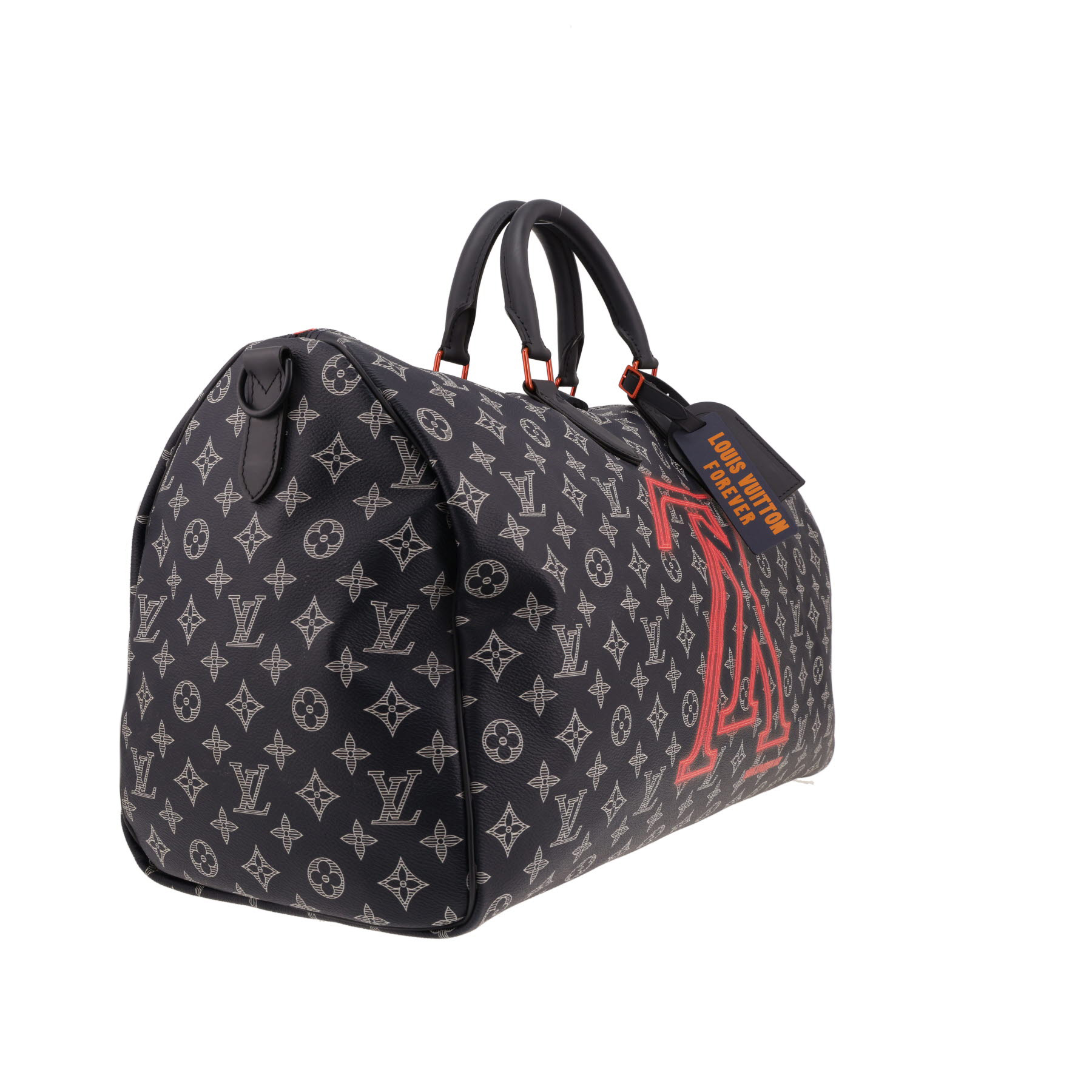 Sac de voyage Louis Vuitton  Keepall Editions Limitées Upside Down en toile monogram bleue blanche et rouge et cuir bleu