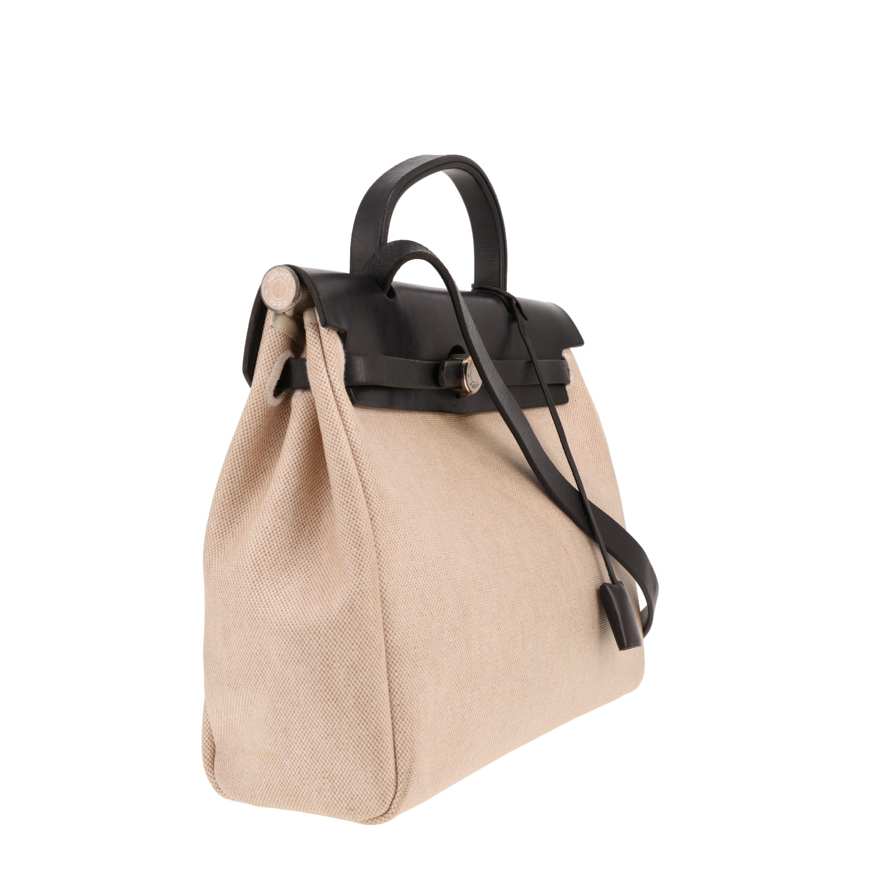 Bolso Hermès Herbag, para llevar al hombro o en la mano, de lona beige y piel negra