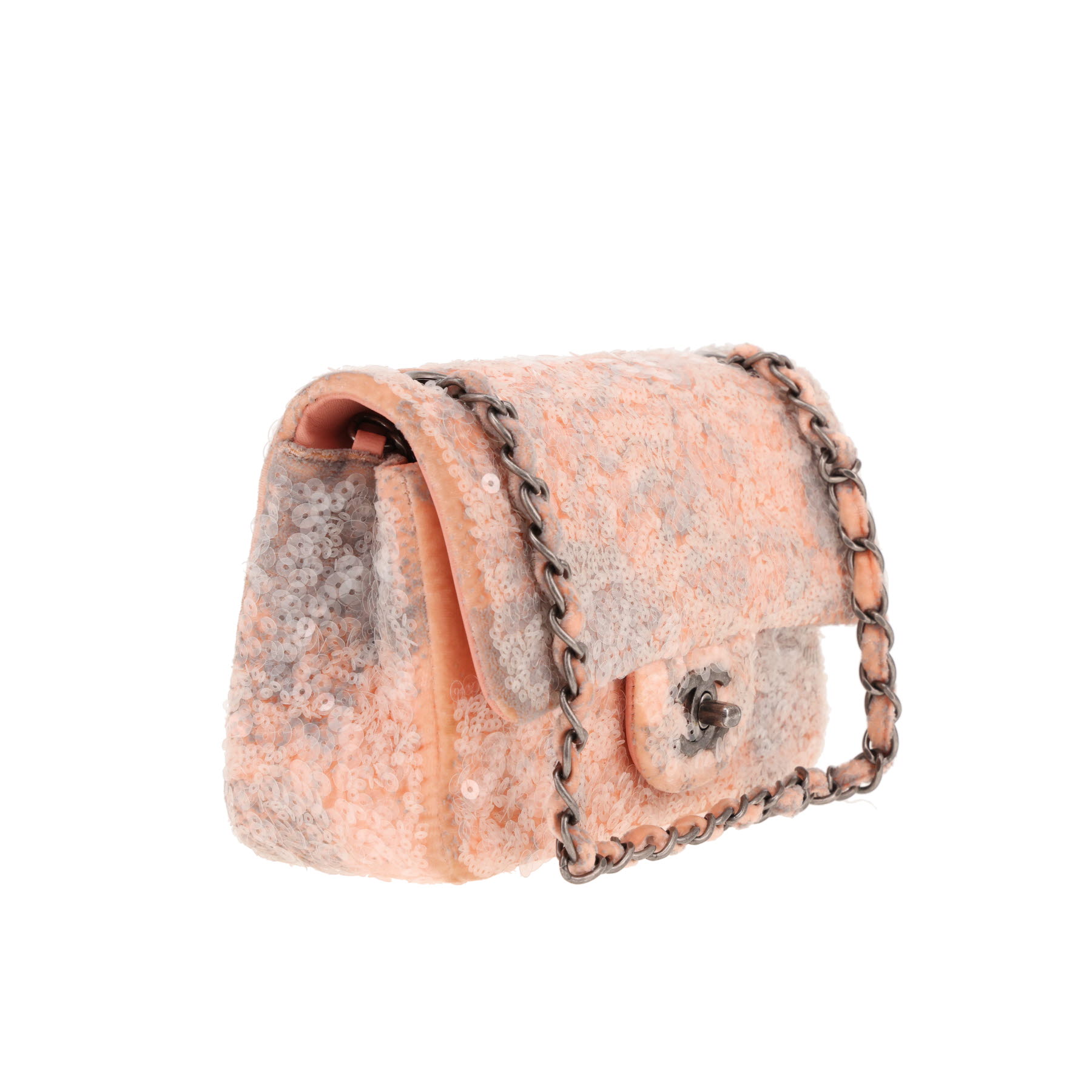 Sac à main Chanel  Mini Timeless en velours rose-poudre et gris et sequin