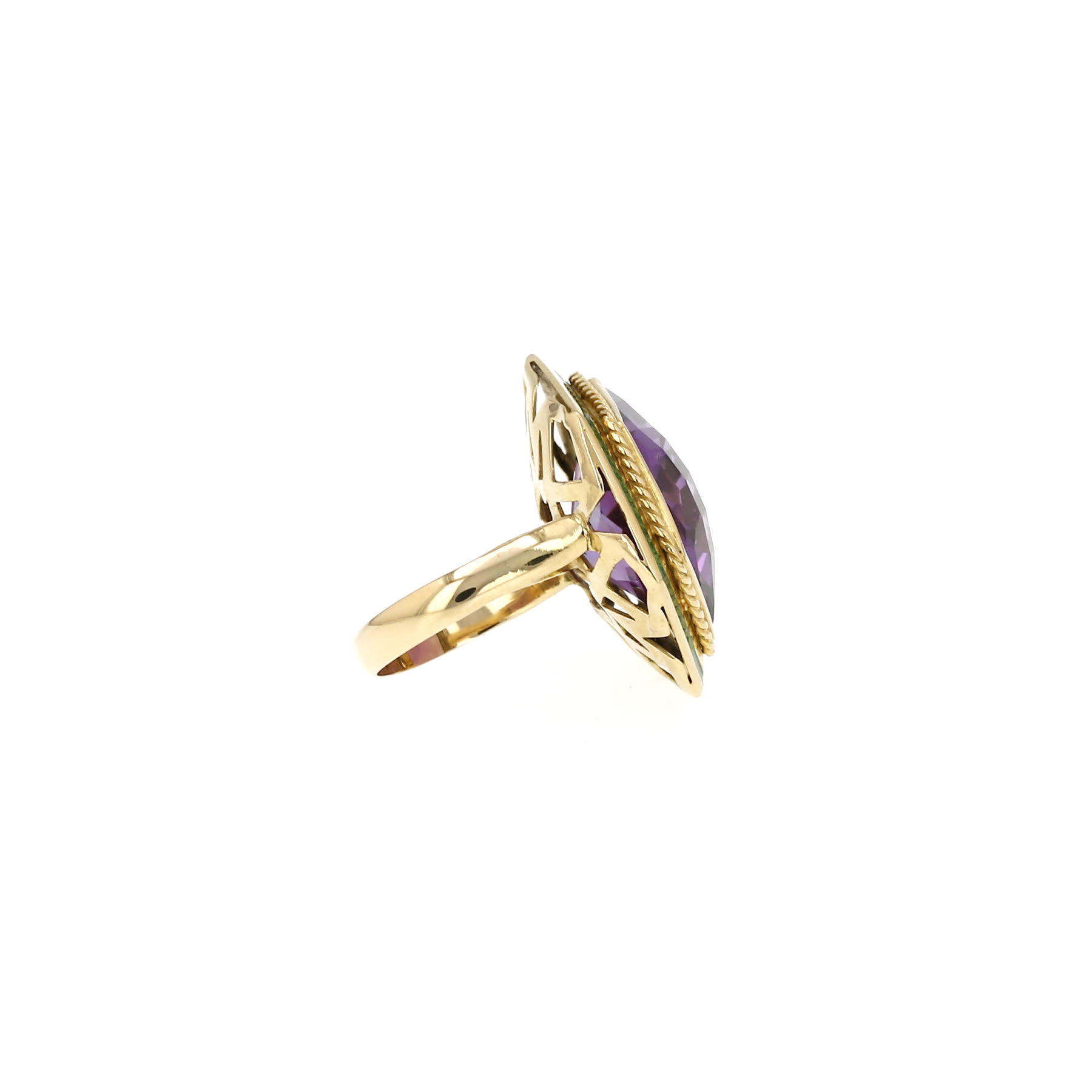 Vintage 1970s ring in yellow gold, amethyst and enamel