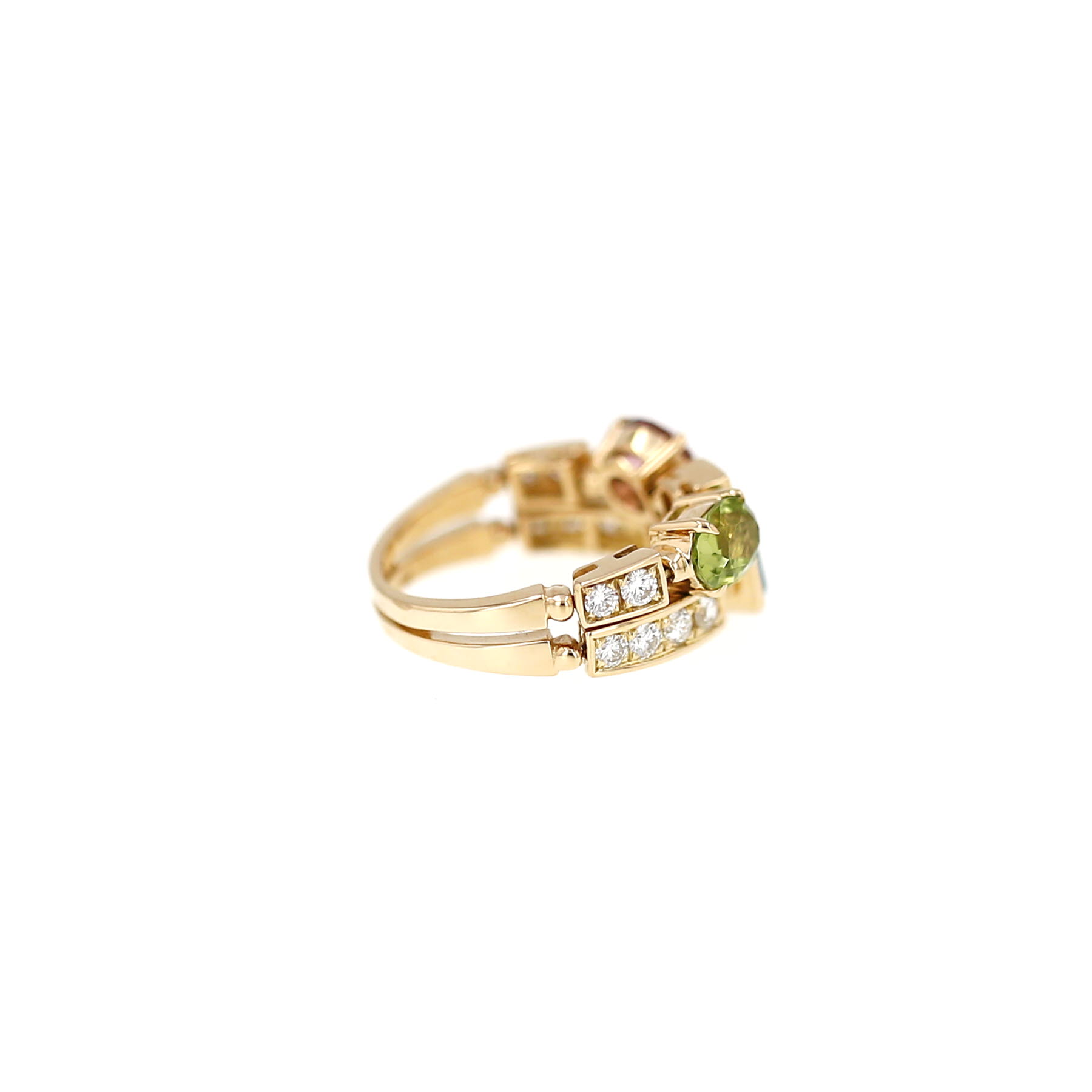 Bulgari Allegra medium-sized semi-hinged ring in yellow gold, diamonds and coloured gemstones
