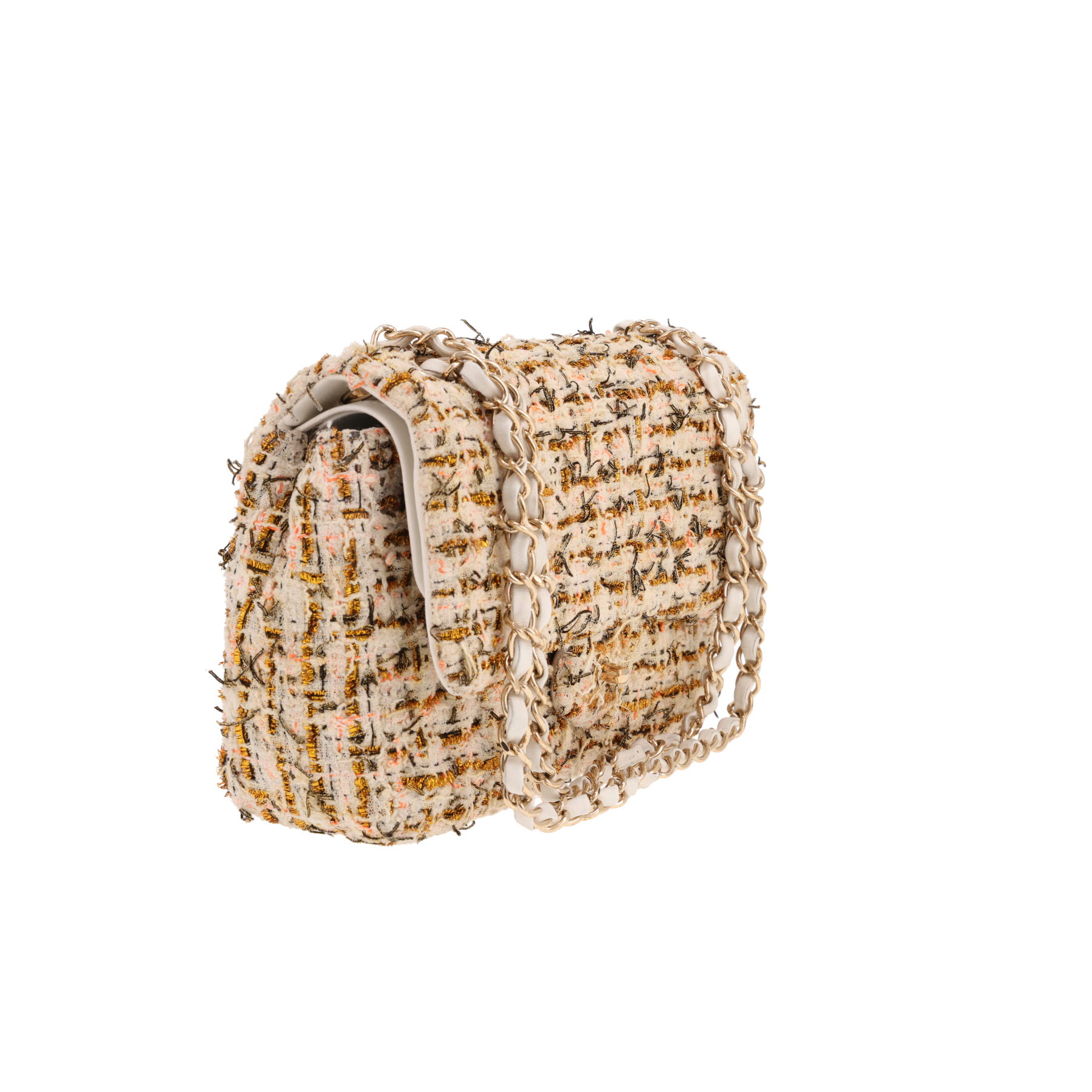 Chanel Timeless Classic handbag in golden beige and white tweed and white leather