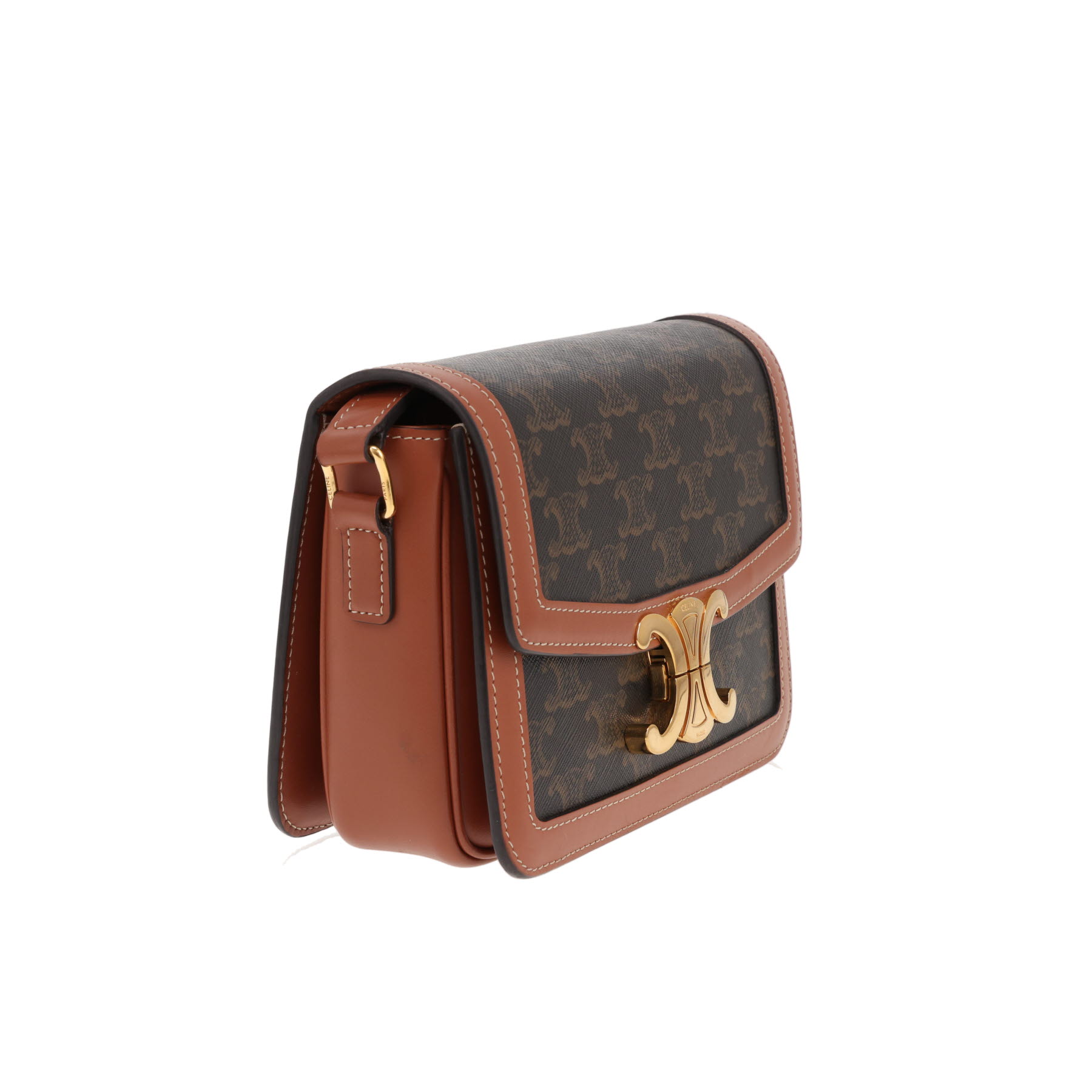 Borsa a tracolla Celine Triomphe in tela Triomphe marrone e pelle marrone