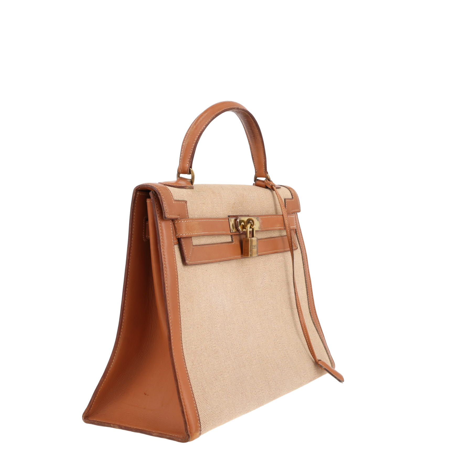 Bolso Hermès Kelly de 32 cm en lona beige y piel Gold