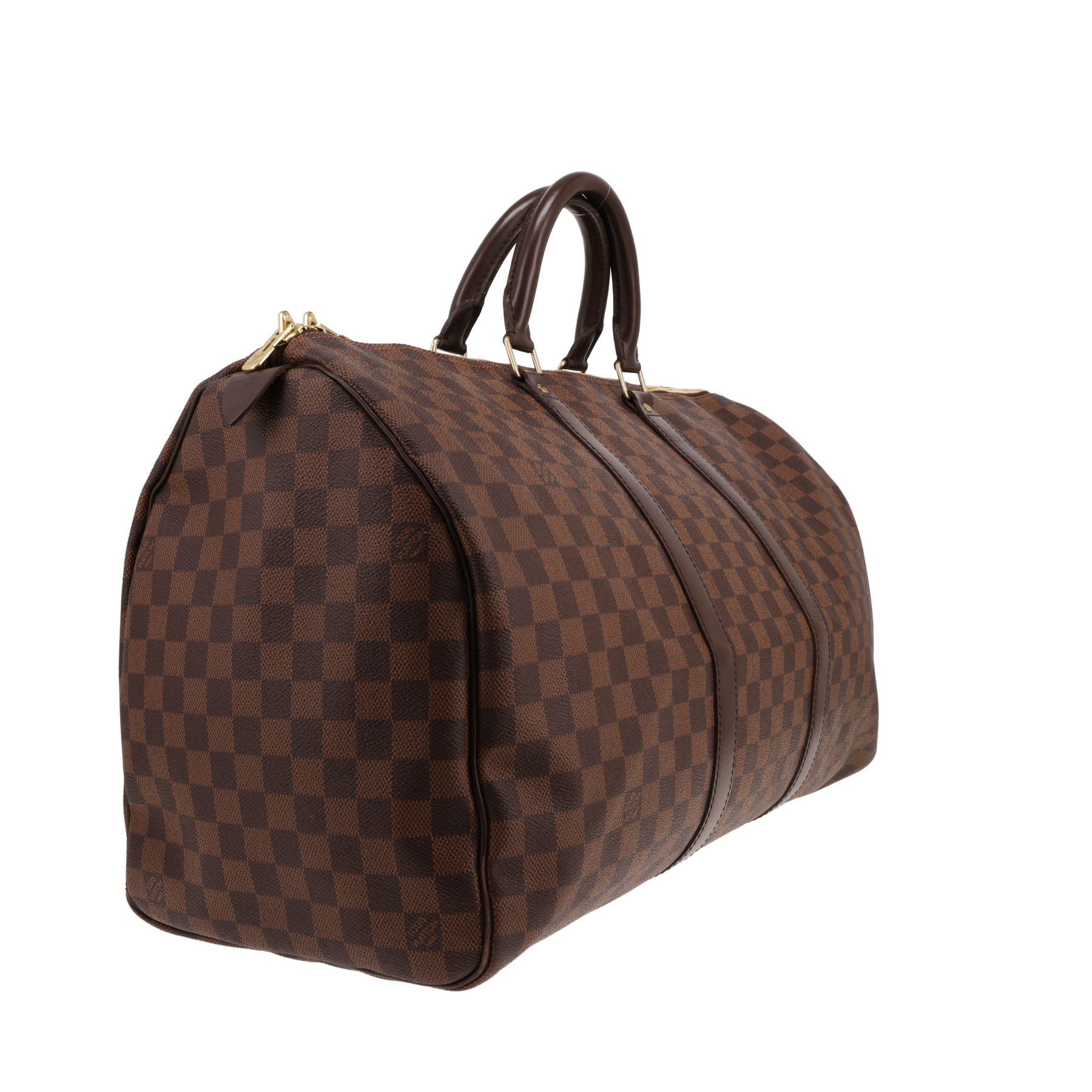 Borsa da viaggio Louis Vuitton Keepall 50 in tela Monogram color ebano e pelle marrone