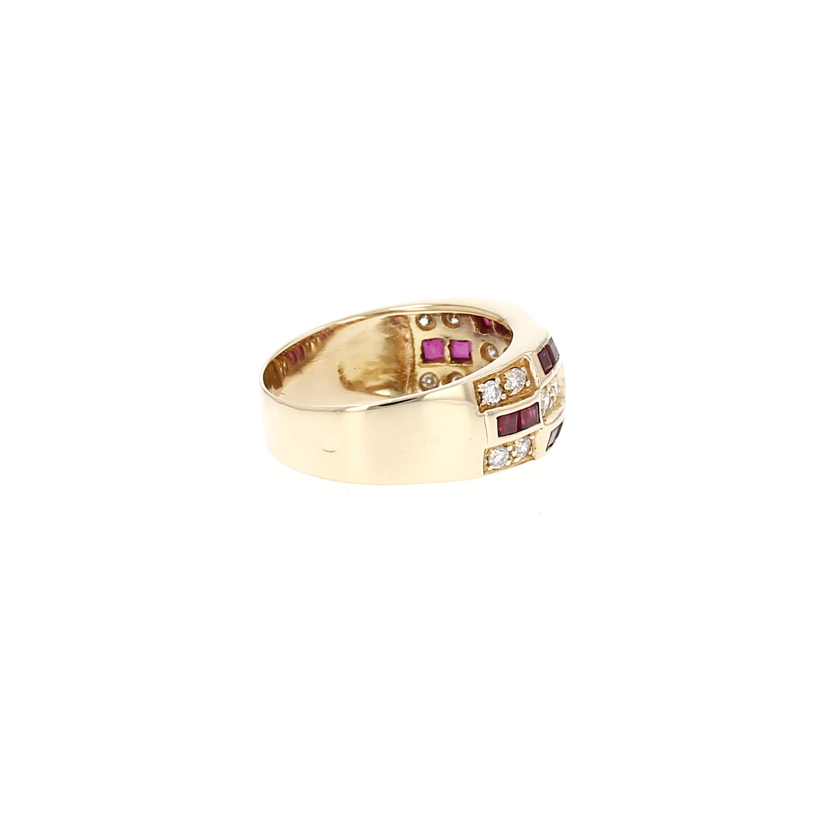 Anillo vintage en oro amarillo, rubíes sintéticos y diamantes
