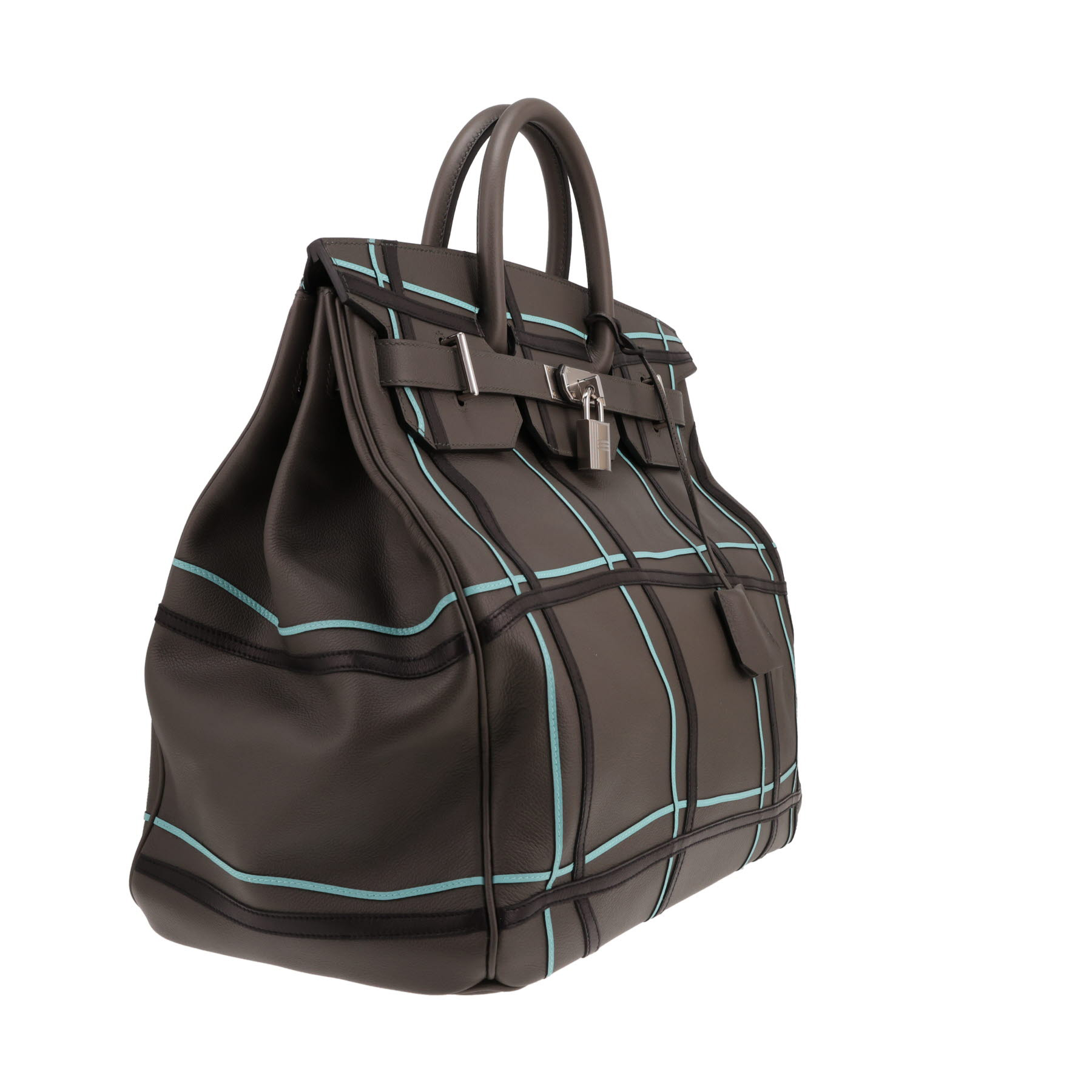 Sac de week end Hermès Haut à Courroies 40 édition limitée HACarreaux en cuir Evergrain gris et cuir Evercolor bleu à motif carreaux