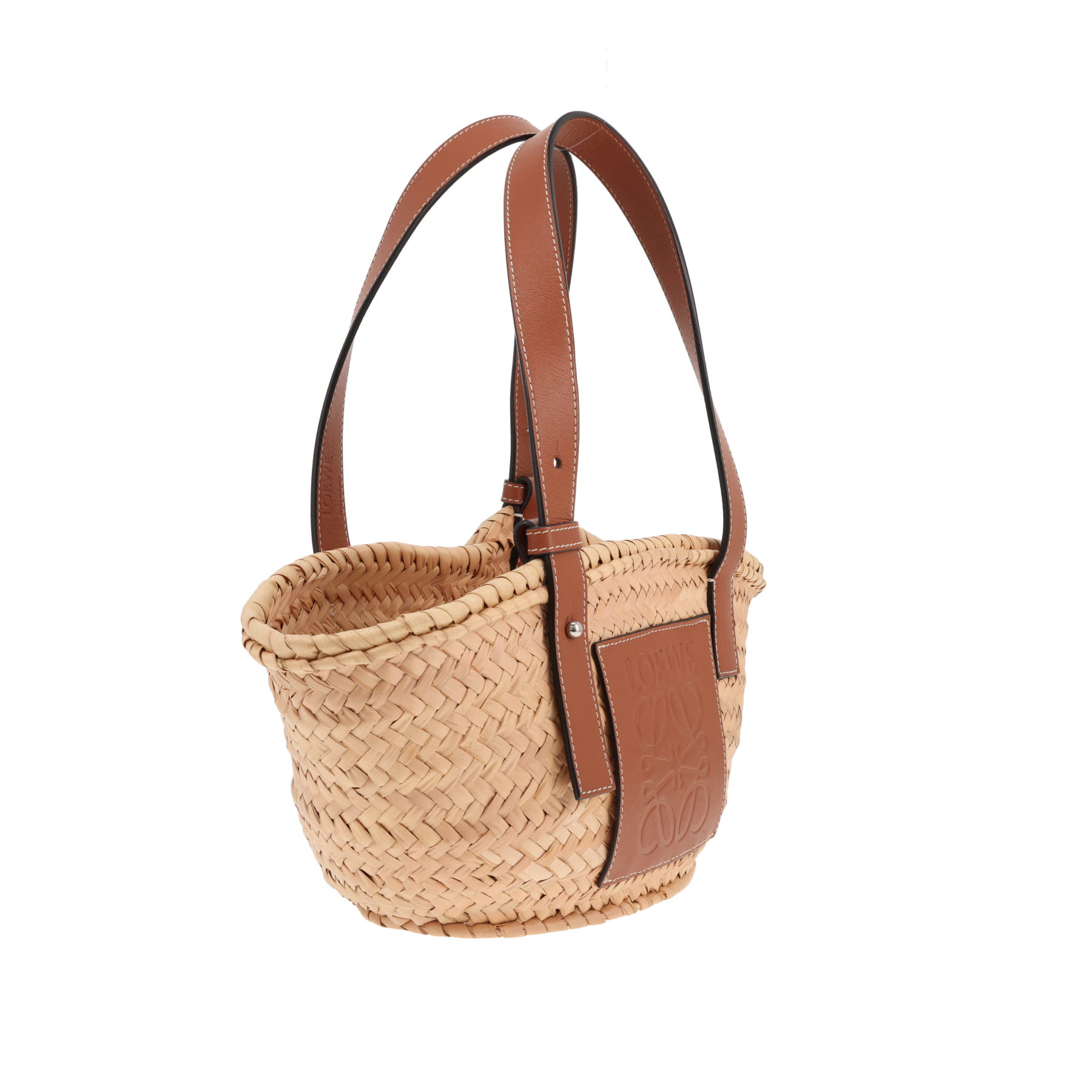 Borsa shopping Loewe in rafia beige e pelle marrone