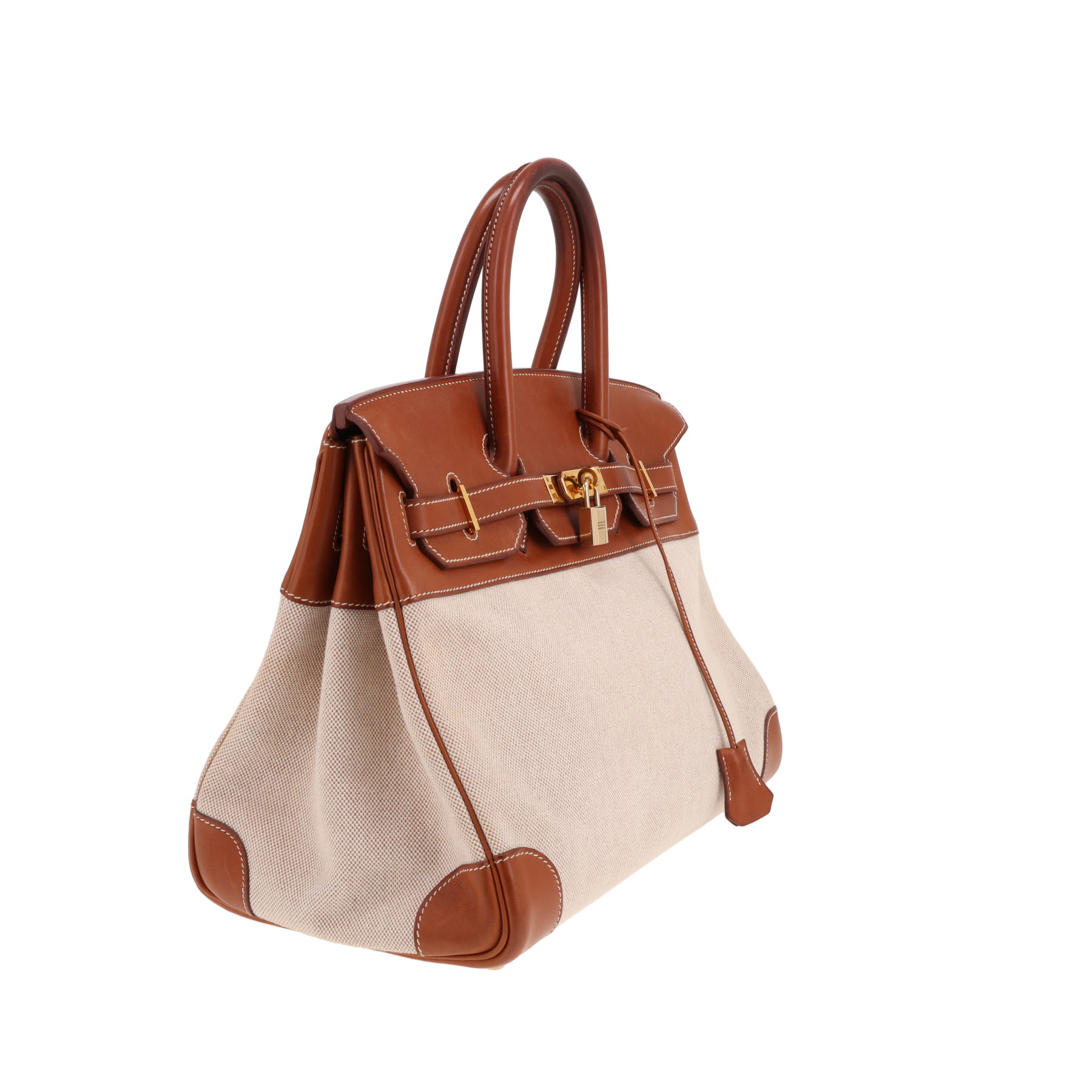 Bolso Hermès Birkin de 35 cm en piel Barénia Fauve y lona beige