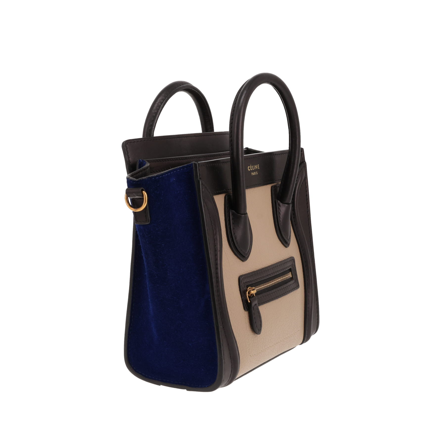 Sac bandoulière Celine  Luggage Nano en cuir noir et beige et Veau velours bleu