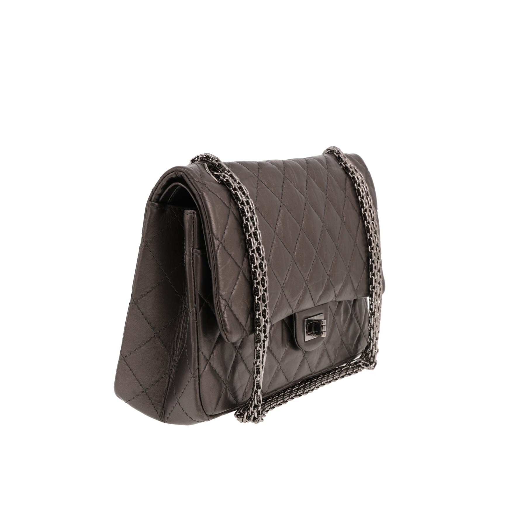 Borsa a tracolla Chanel 2.55, modello grande, in pelle trapuntata argentata
