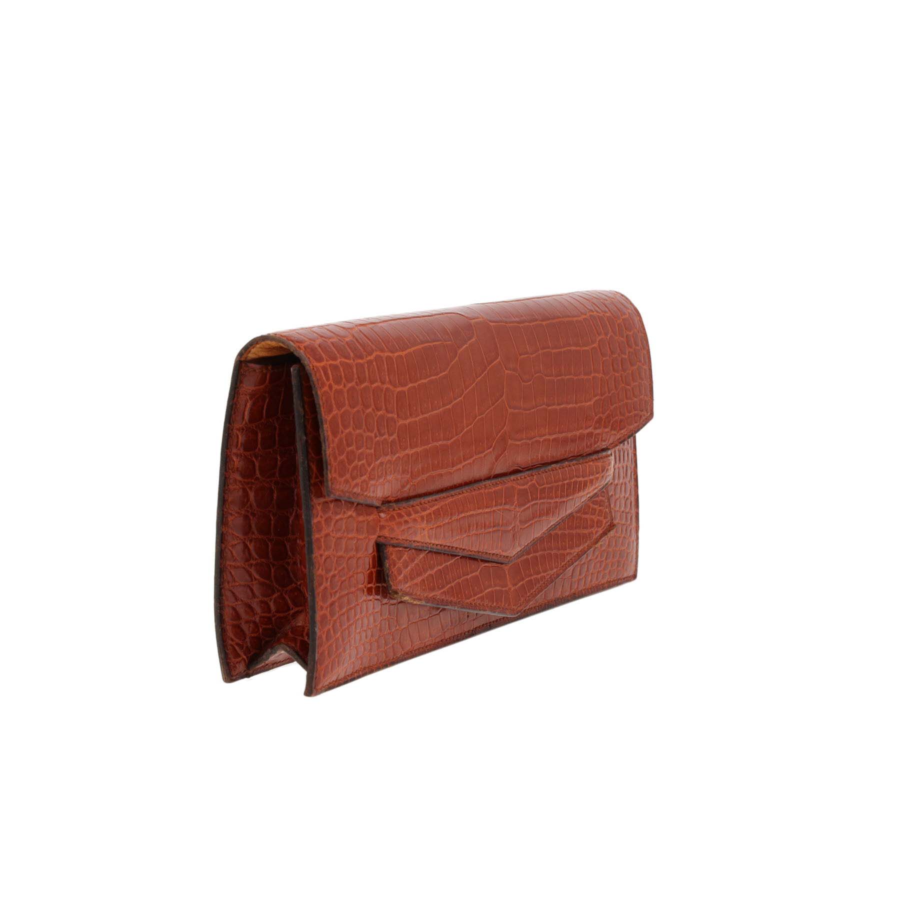 Hermès Faco clutch bag in brown porosus crocodile leather