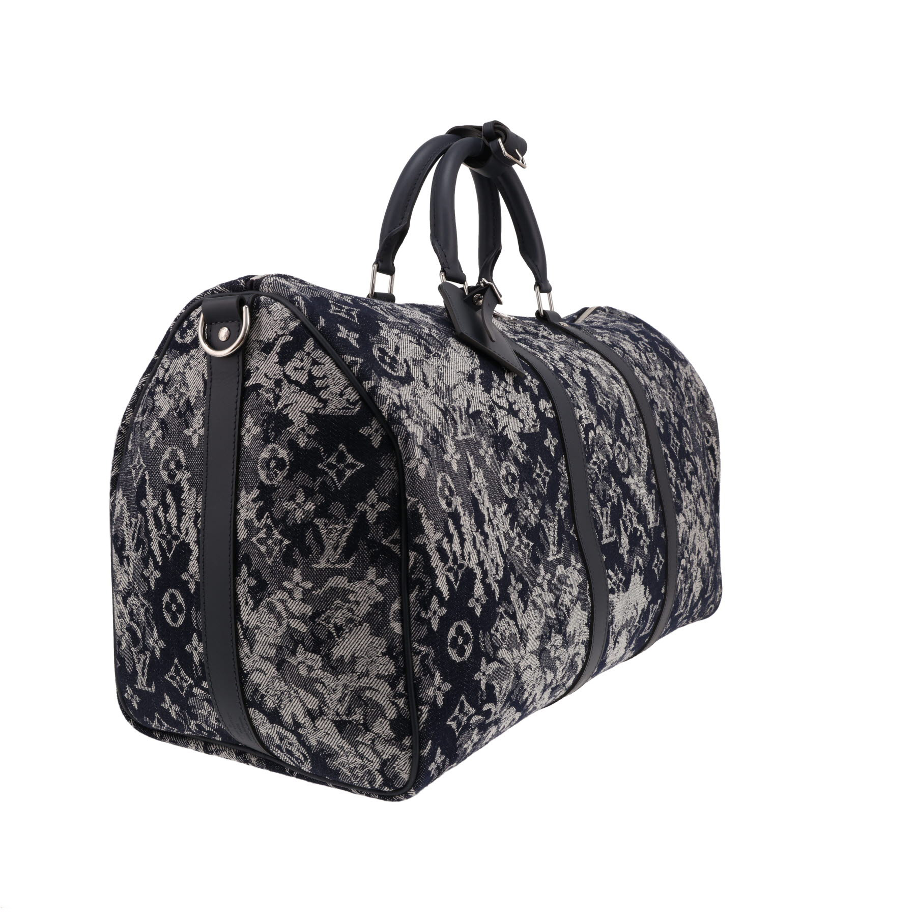Bolsa de viaje Louis Vuitton Keepall 50 de lona Monogram Tapestry gris y azul y piel Bleu Marine